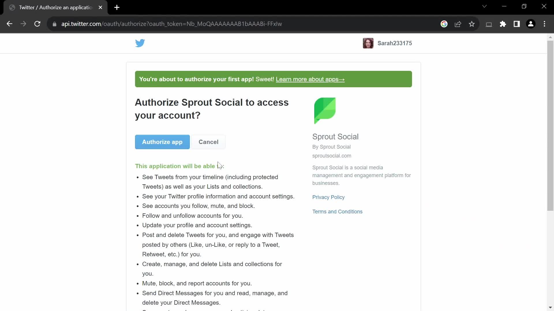 Sprout Social request access screenshot