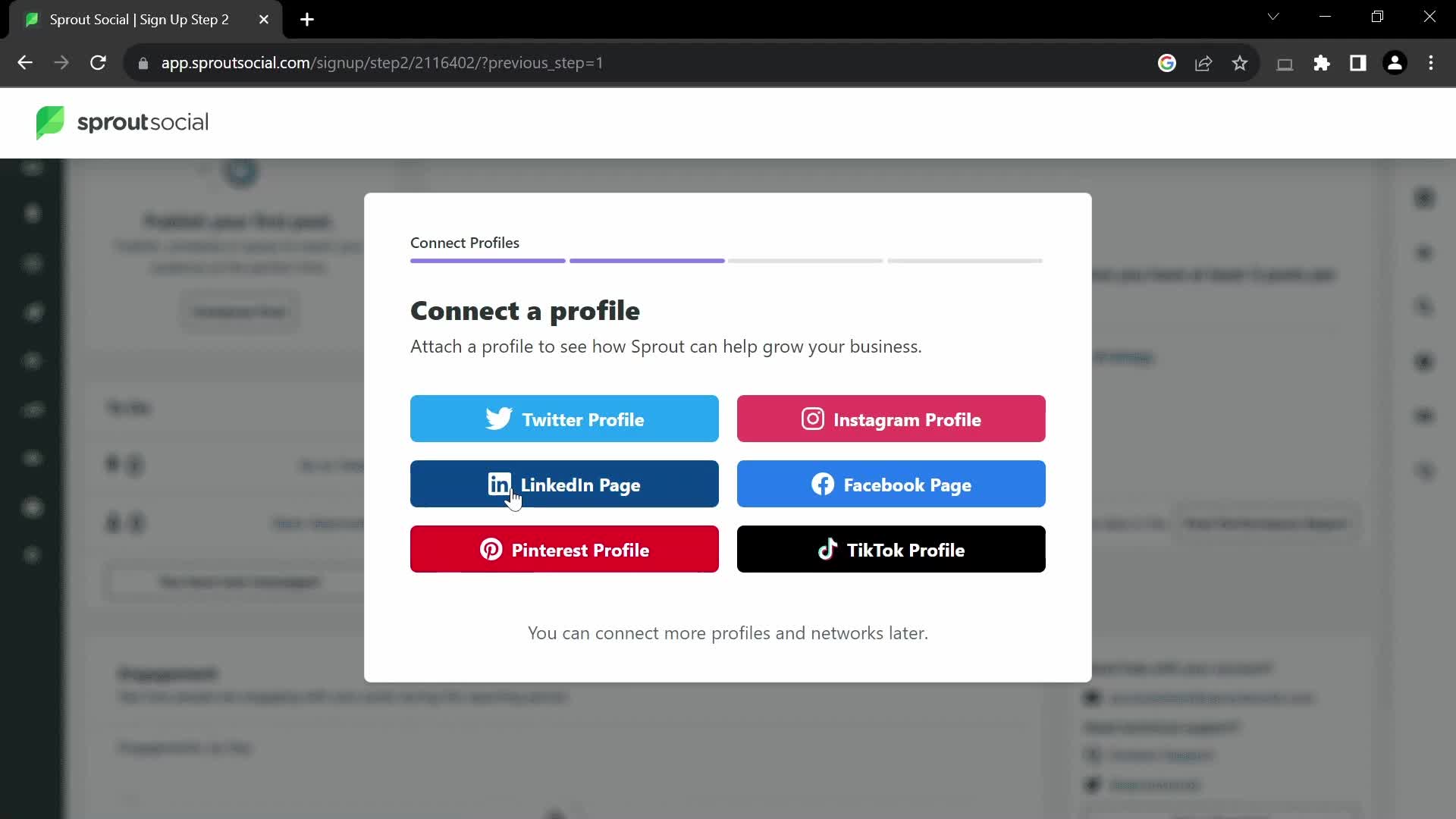 Screenshot of Connect social account on Onboarding on Sprout Social user flow