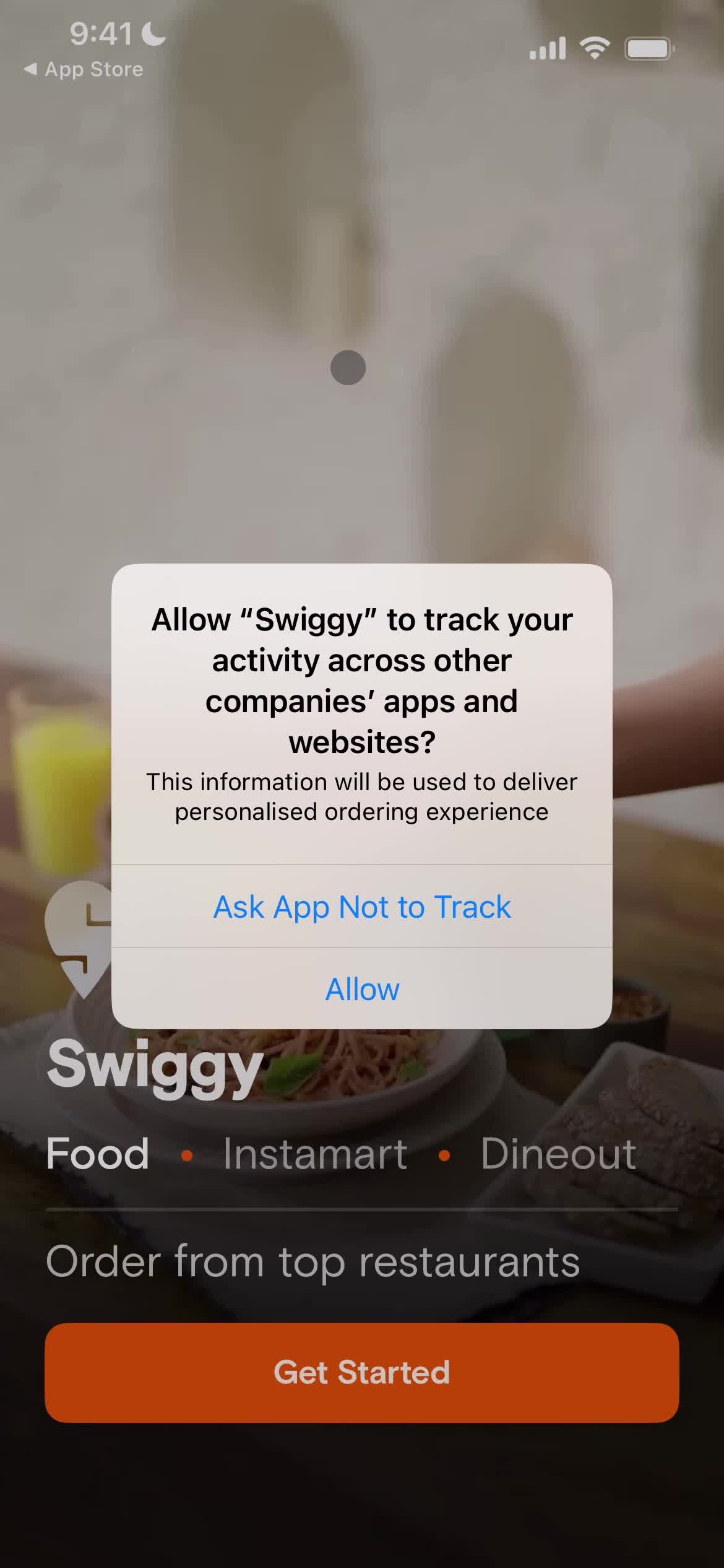 Screenshot of Enable tracking on Onboarding on Swiggy user flow