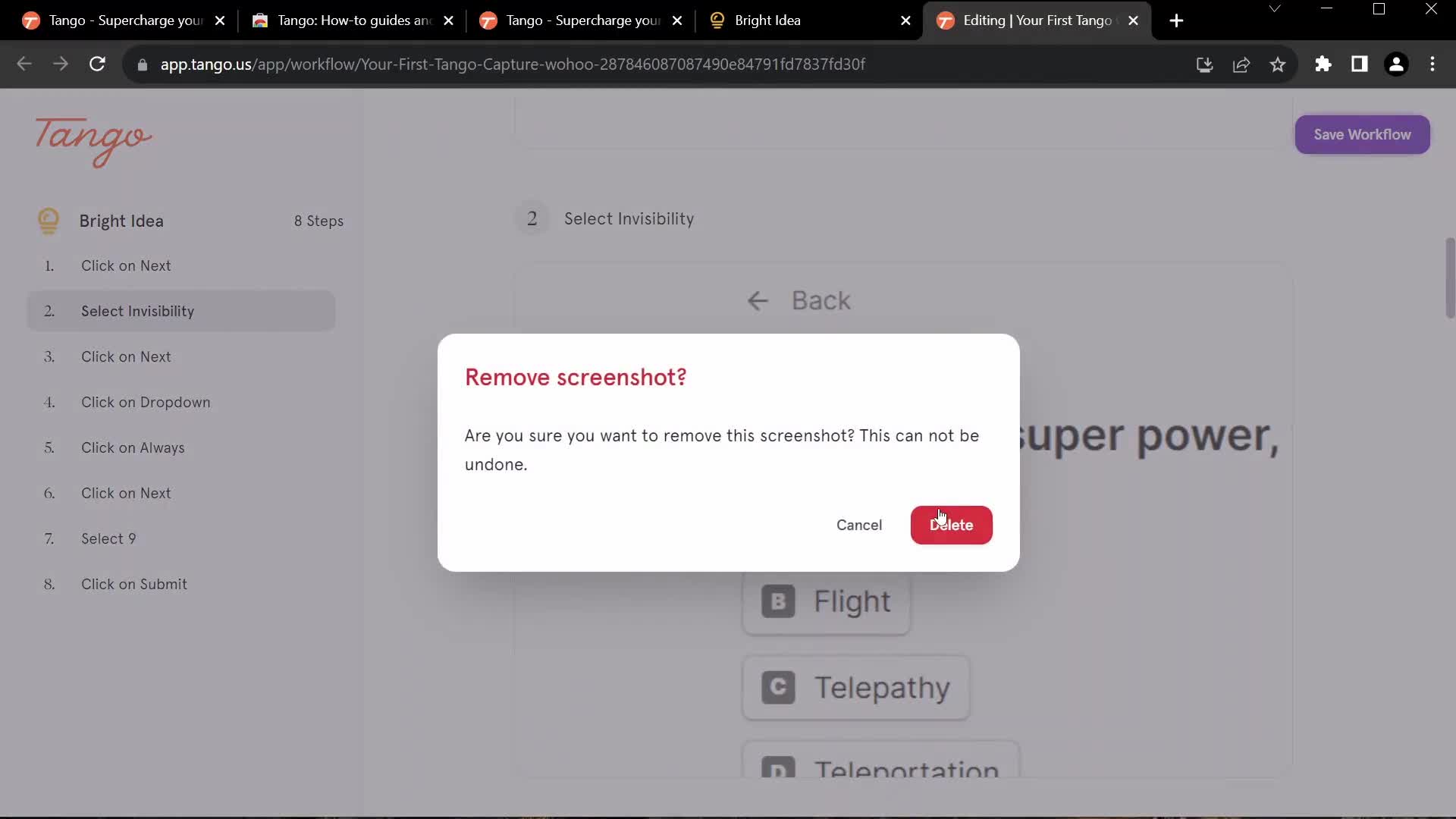 Screenshot of Confirm delete on Onboarding on Tango user flow