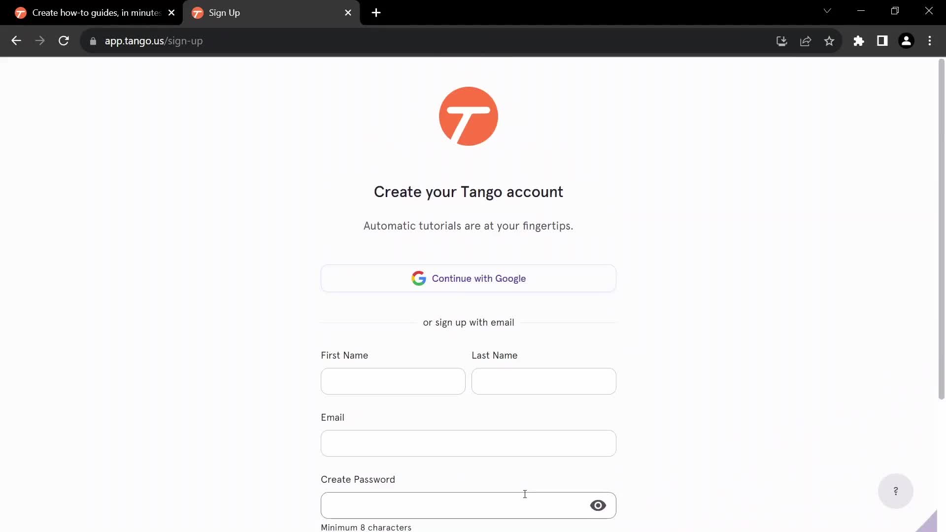 Tango sign up screenshot