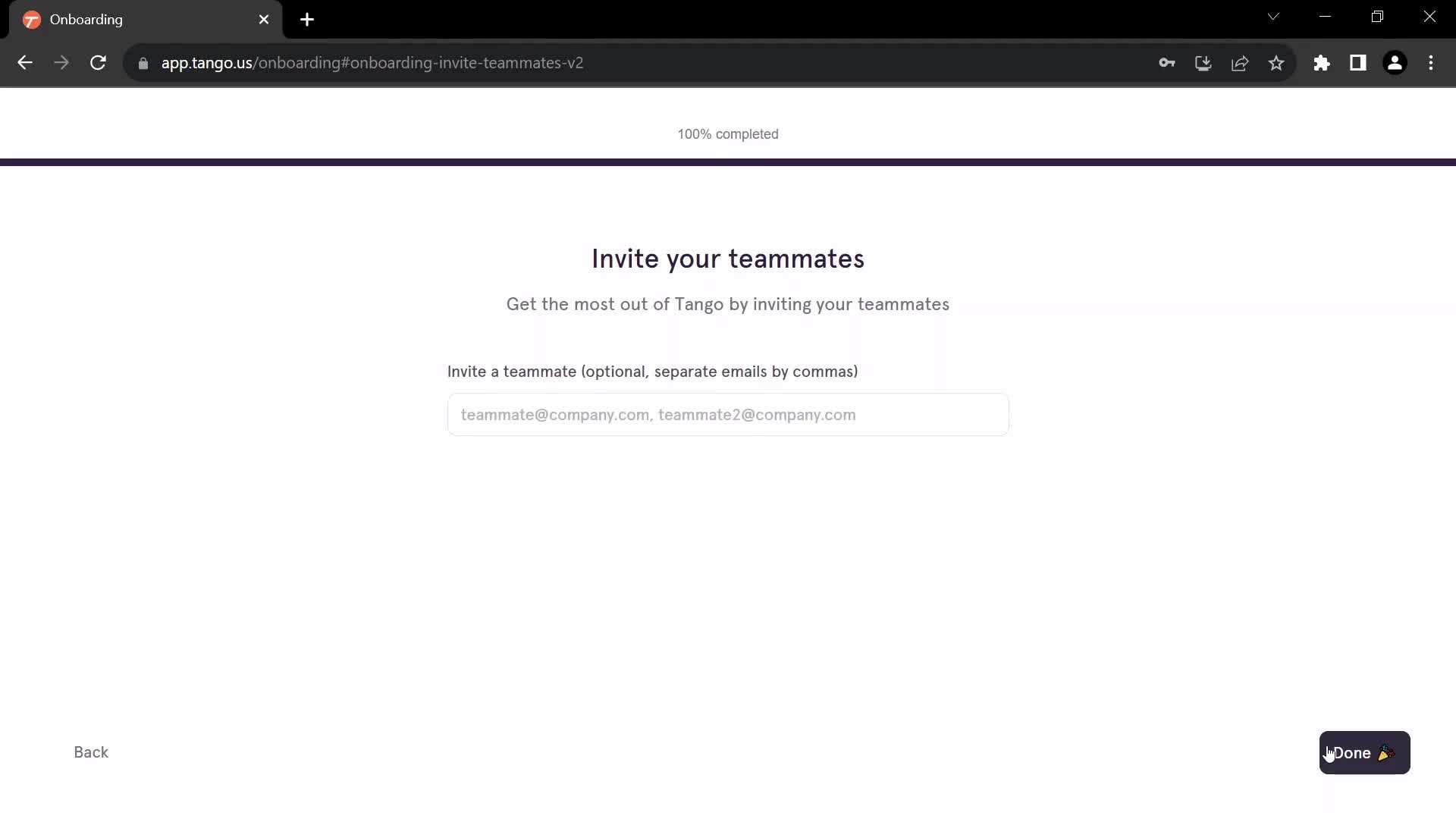 Screenshot of Invite team on Onboarding on Tango user flow
