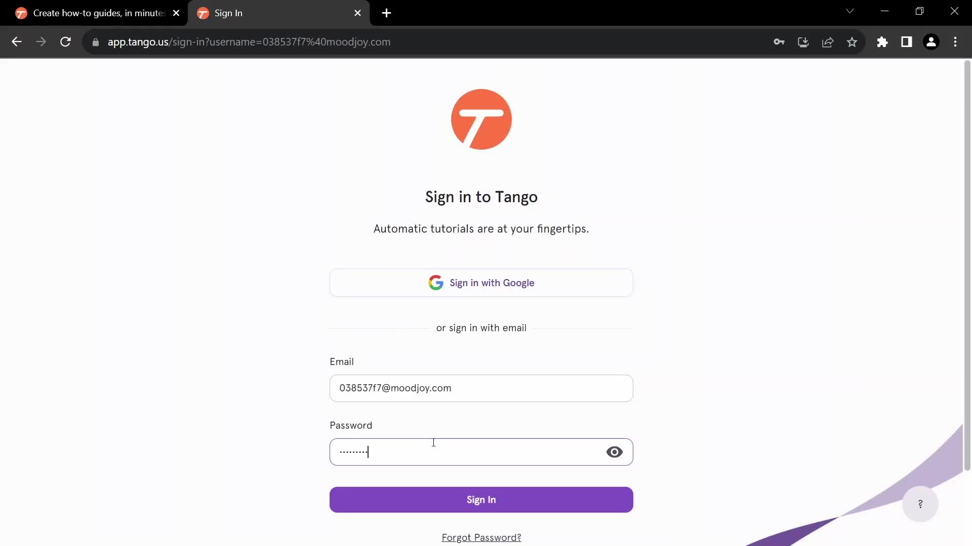Screenshot of Sign in on Onboarding on Tango user flow
