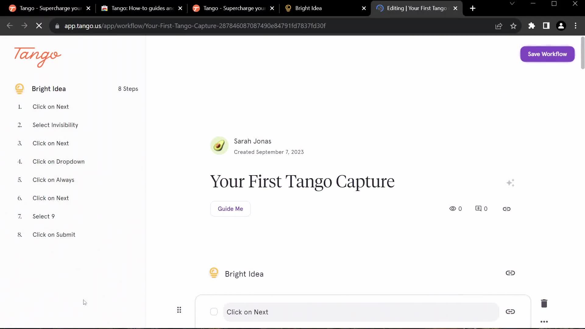 Screenshot of Guide editor on Onboarding on Tango user flow