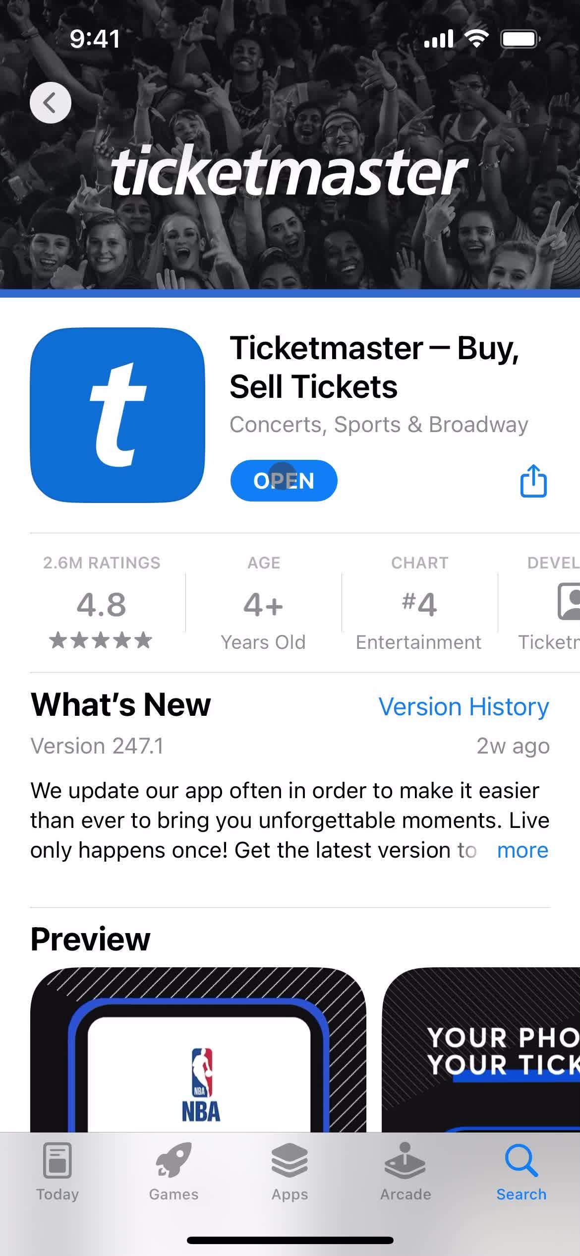 Ticketmaster app store listing screenshot