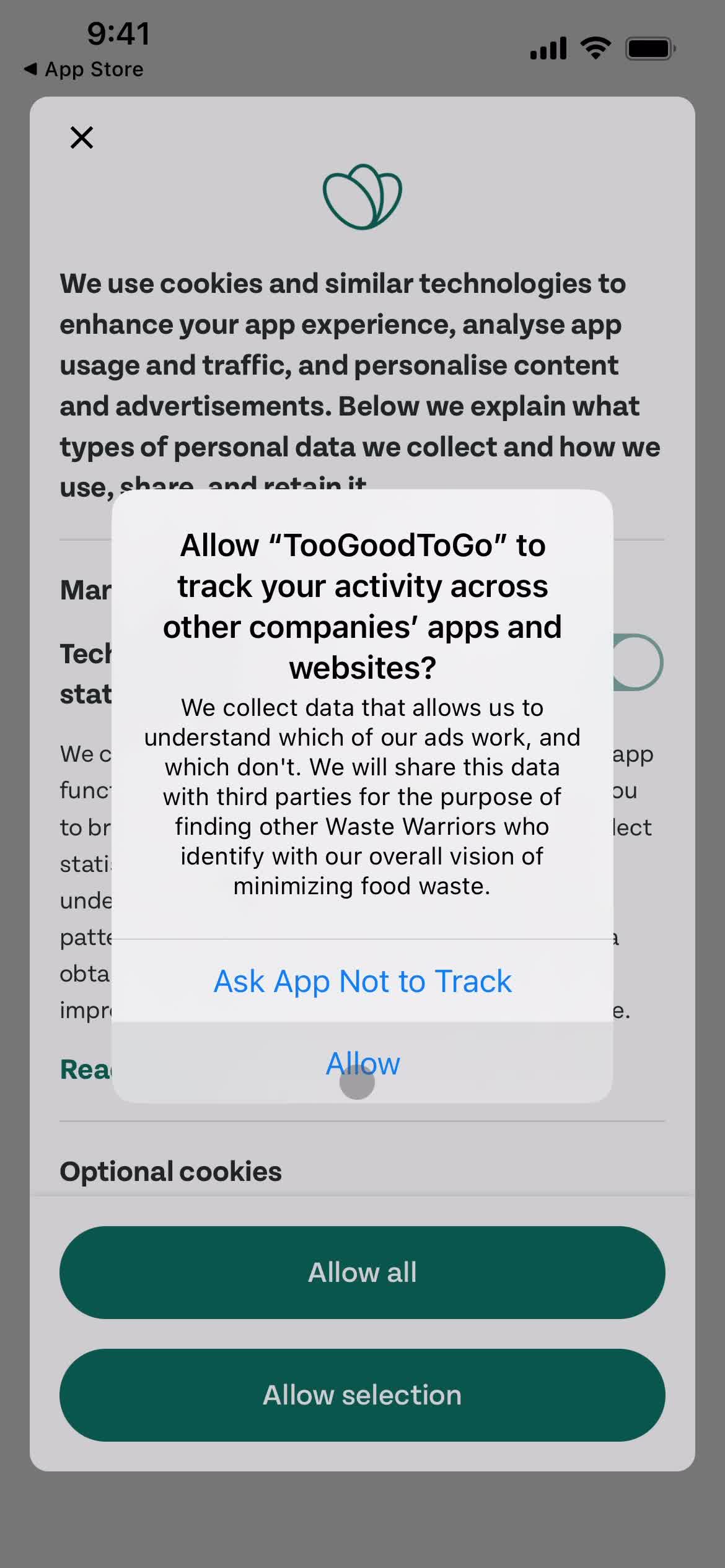 Too Good To Go enable tracking screenshot