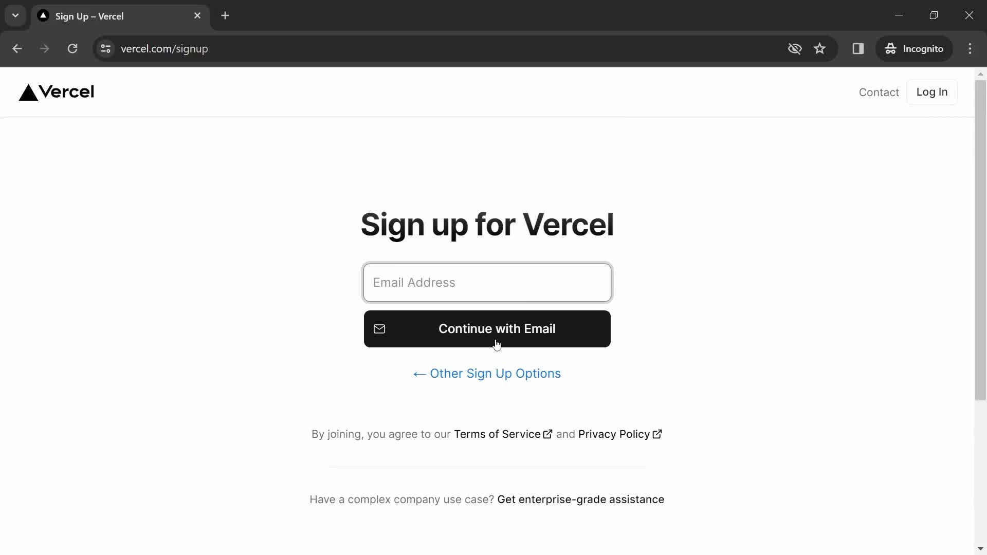 Screenshot of Sign up on Onboarding on Vercel user flow