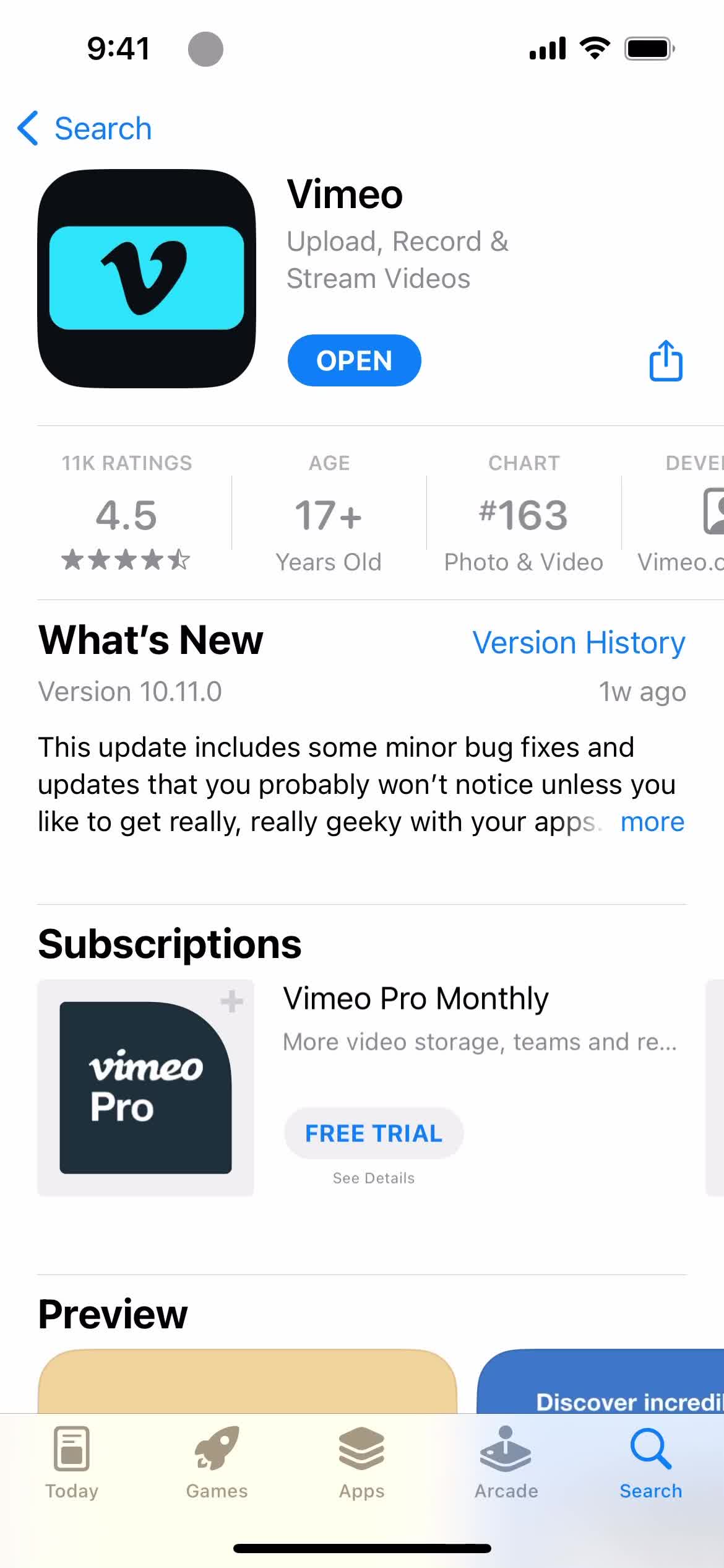 Screenshot of App store listing on Onboarding on Vimeo user flow