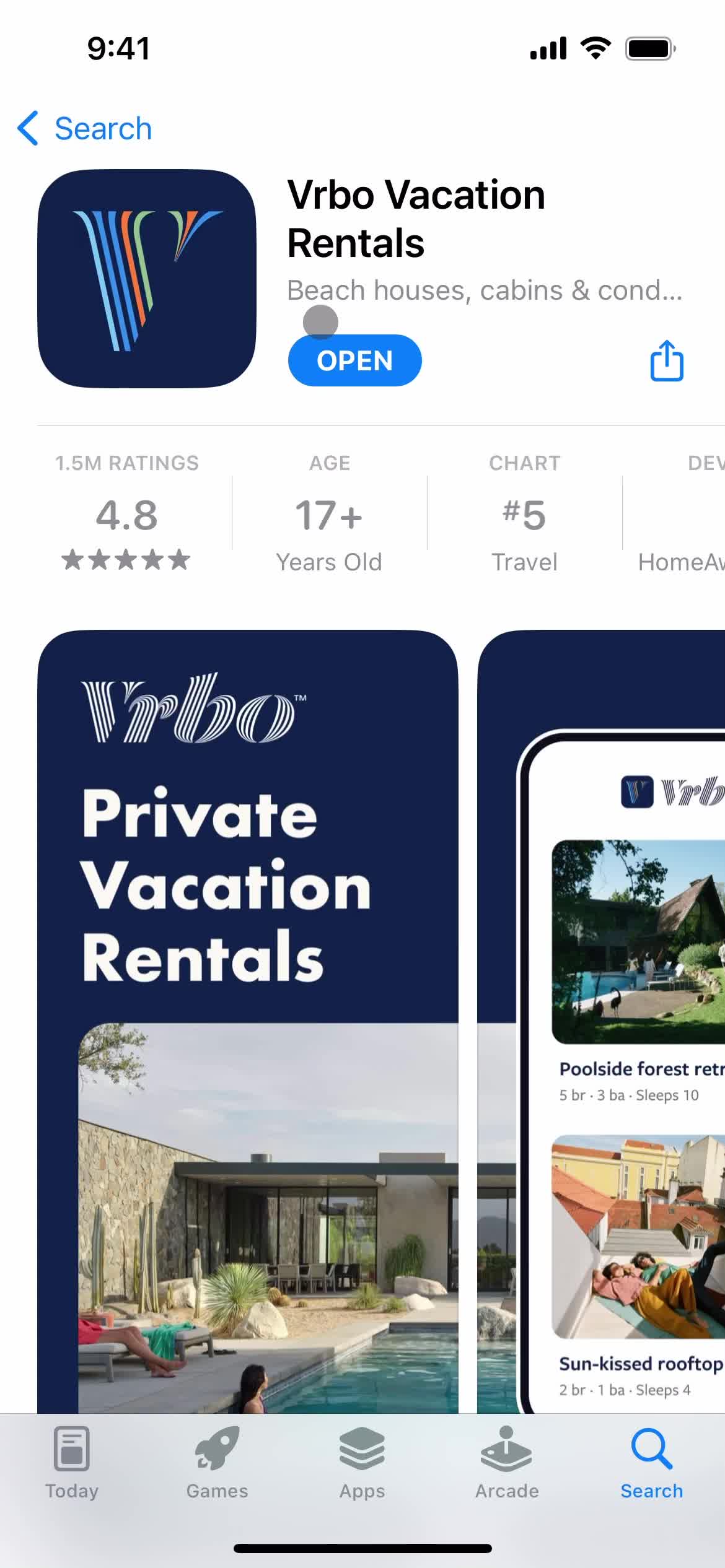 Screenshot of App store listing on Onboarding on Vrbo user flow