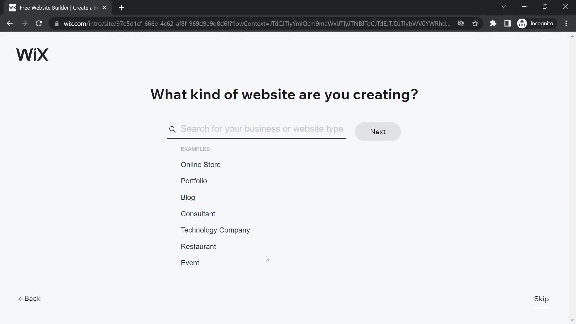 Wix select website type screenshot