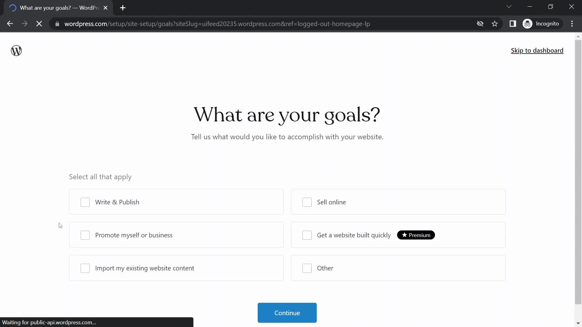 WordPress select goals screenshot