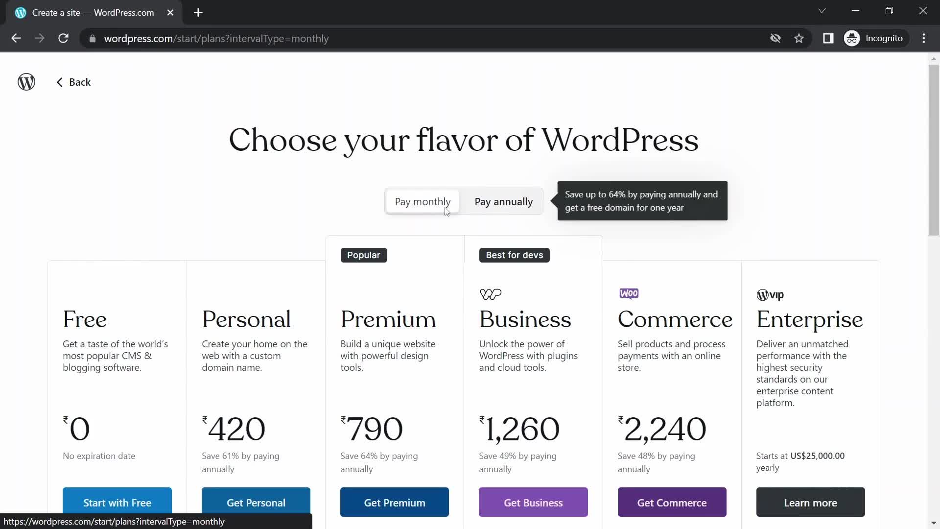 WordPress select plan screenshot