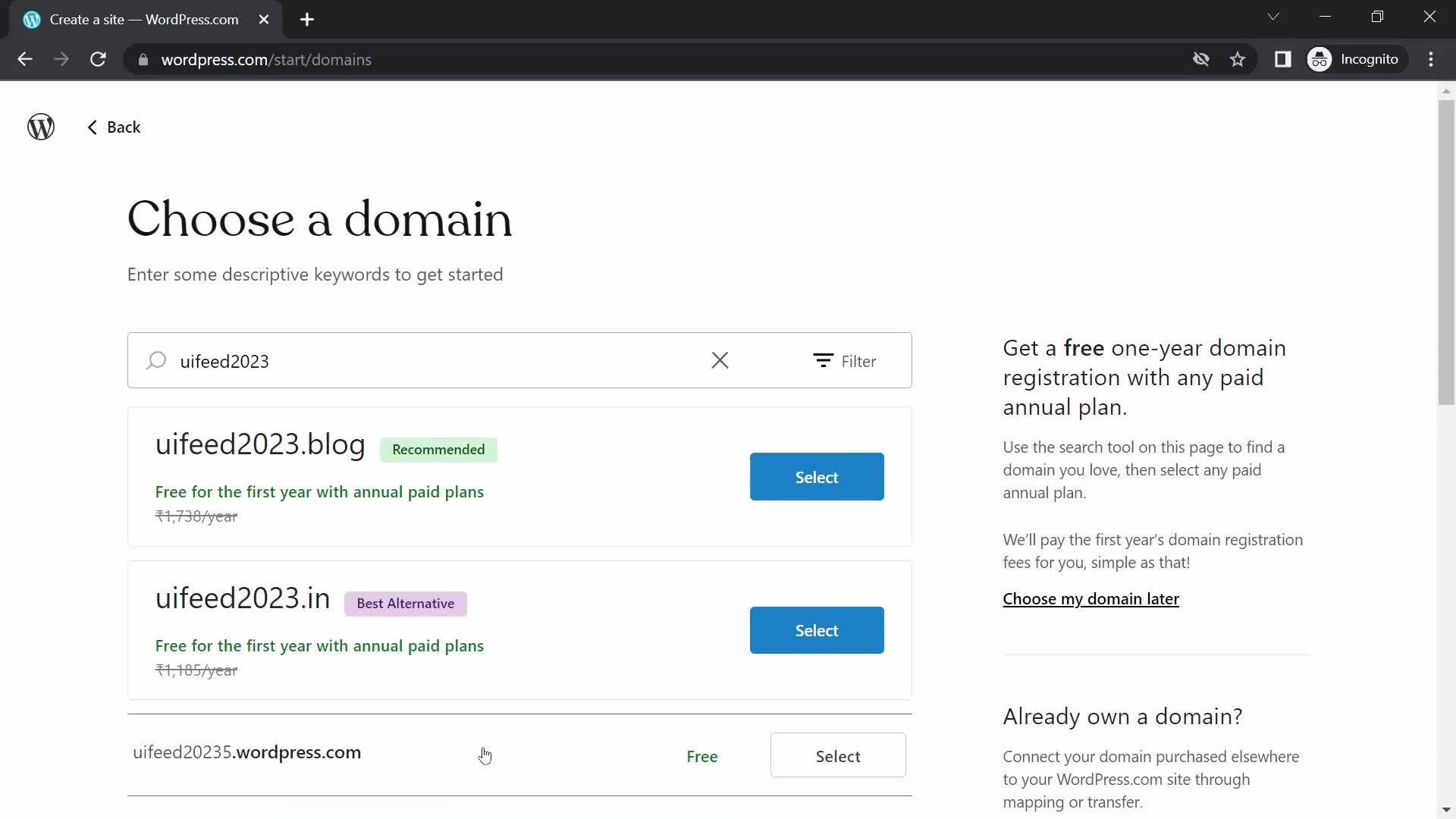 Screenshot of Select domain on Onboarding on WordPress user flow