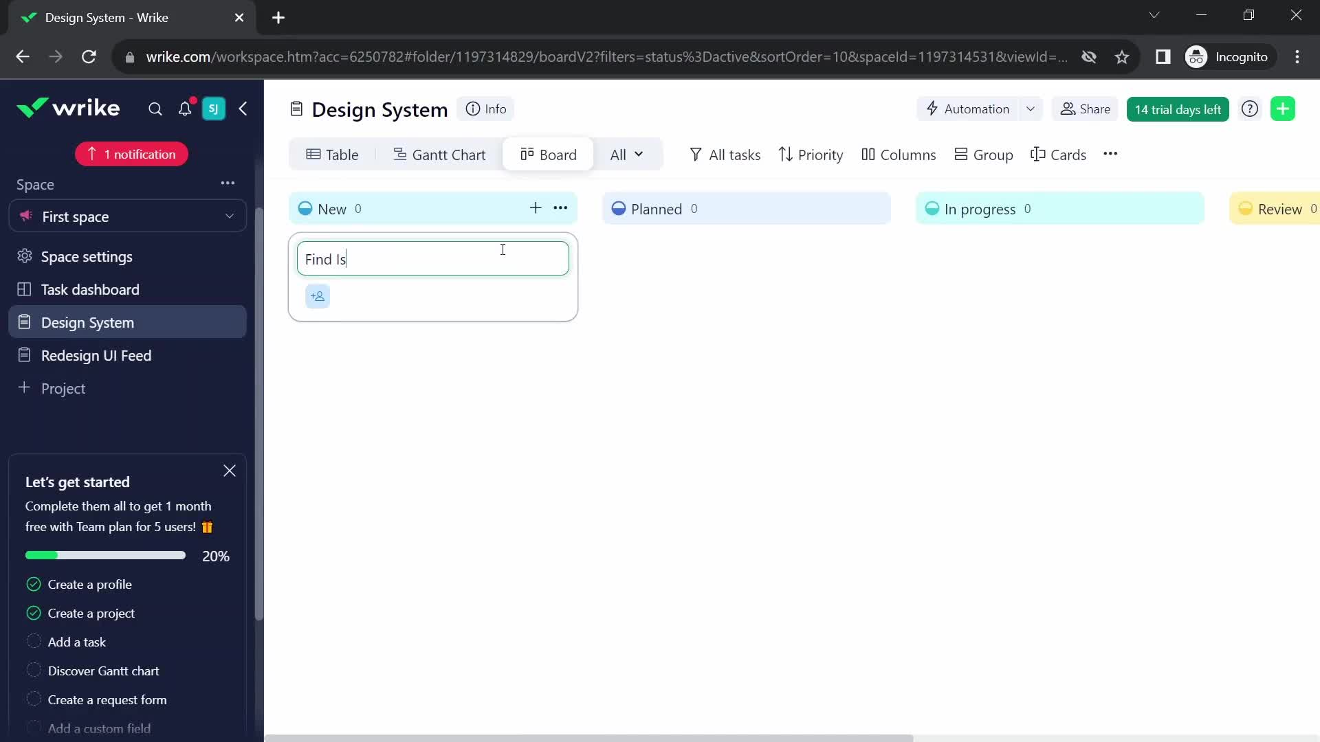 Screenshot of Create task on Onboarding on Wrike user flow