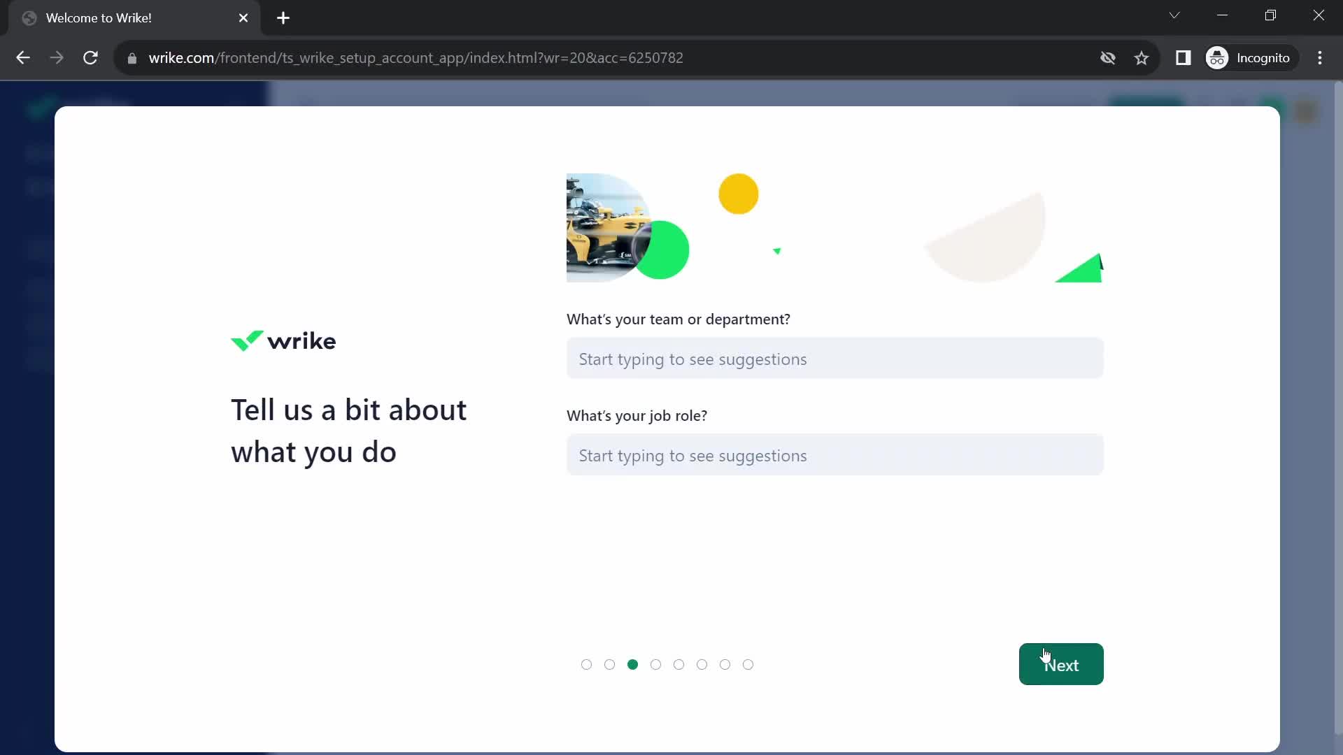 Screenshot of Tell us about yourself on Onboarding on Wrike user flow