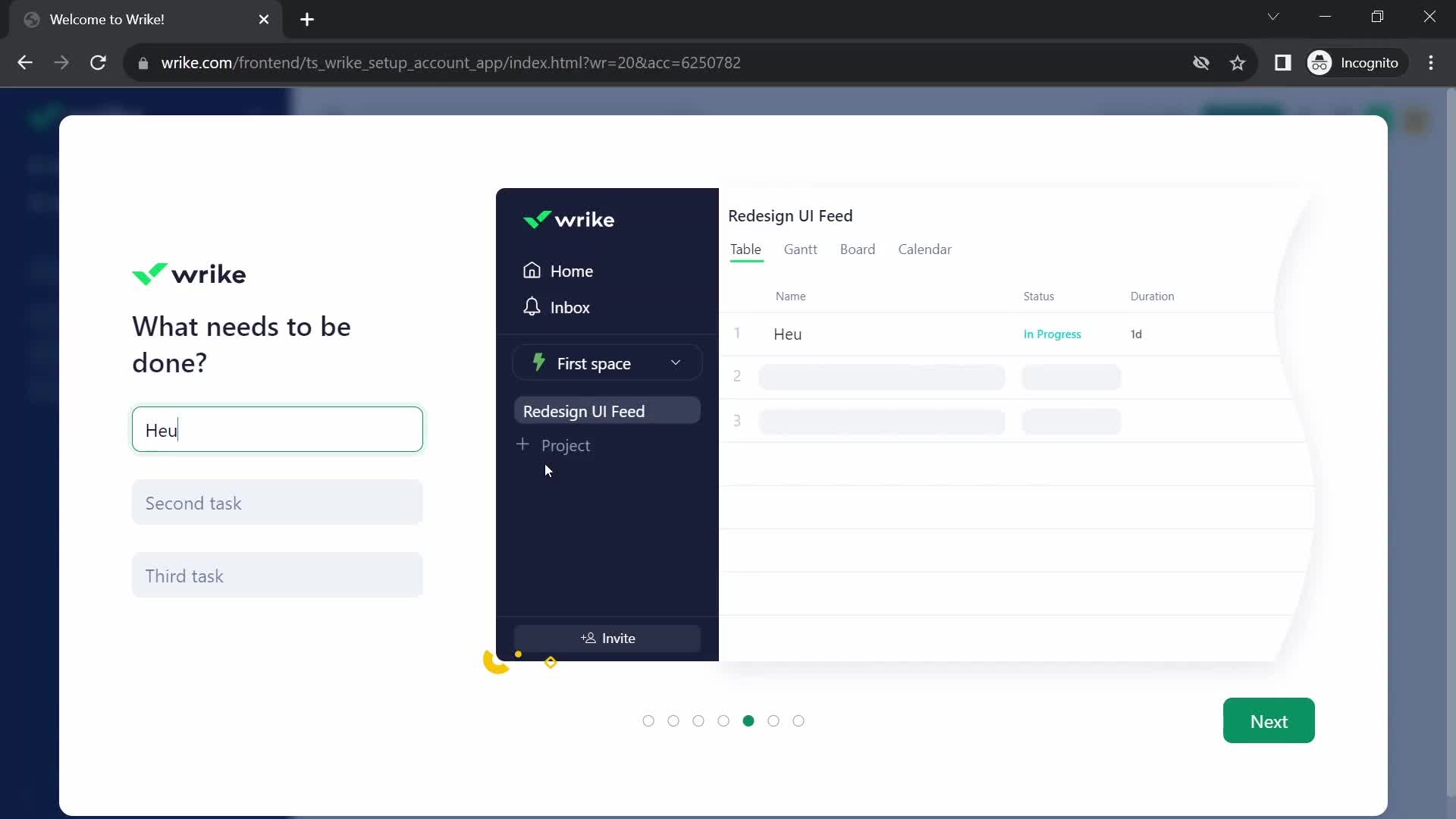Screenshot of Create task on Onboarding on Wrike user flow