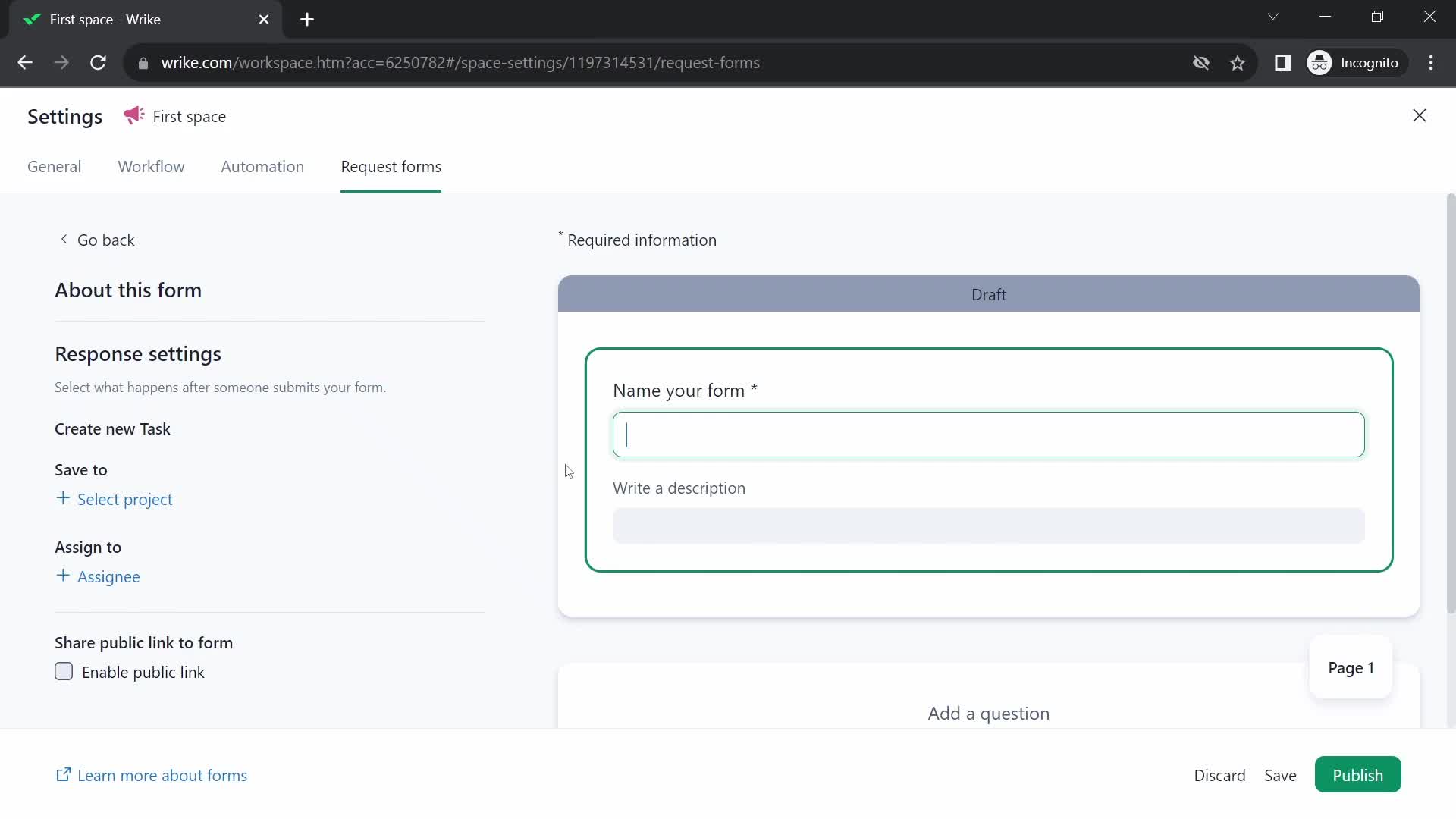 Screenshot of Create form on Onboarding on Wrike user flow