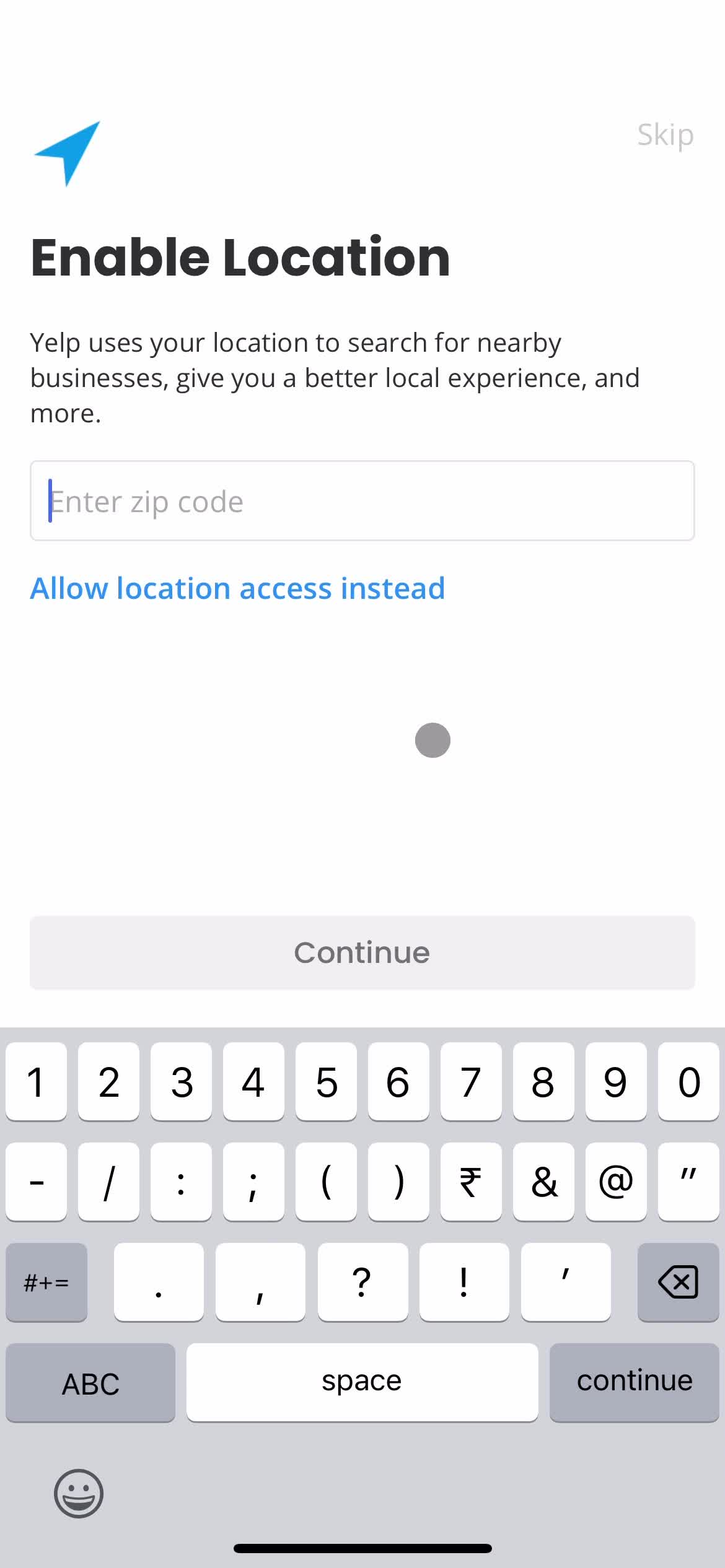 Yelp enter zipcode screenshot