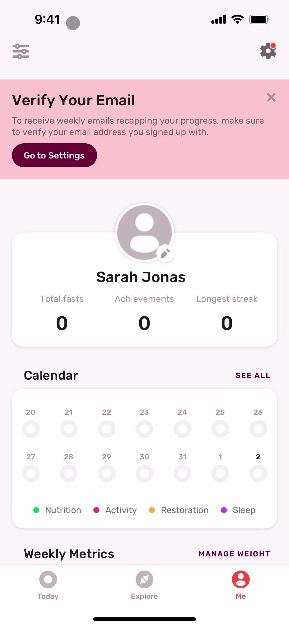 Zero profile menu screenshot