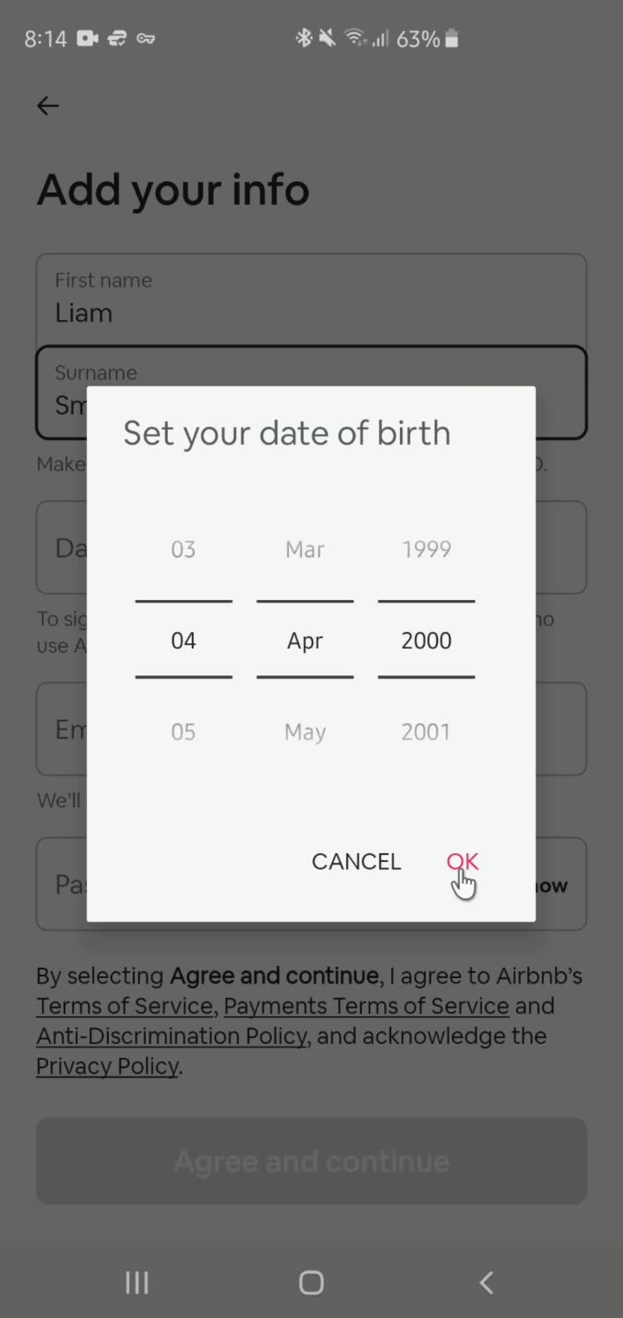 Airbnb enter birthday screenshot