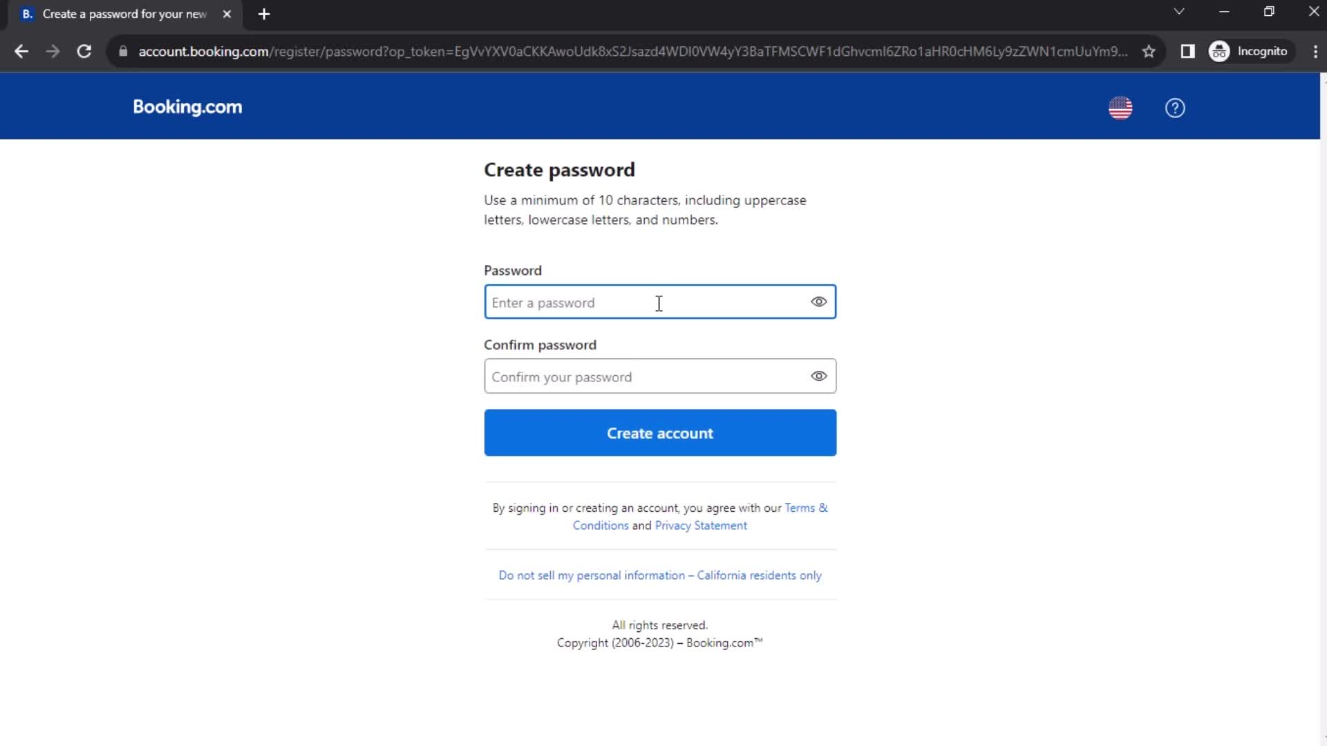 Booking.com set password screenshot