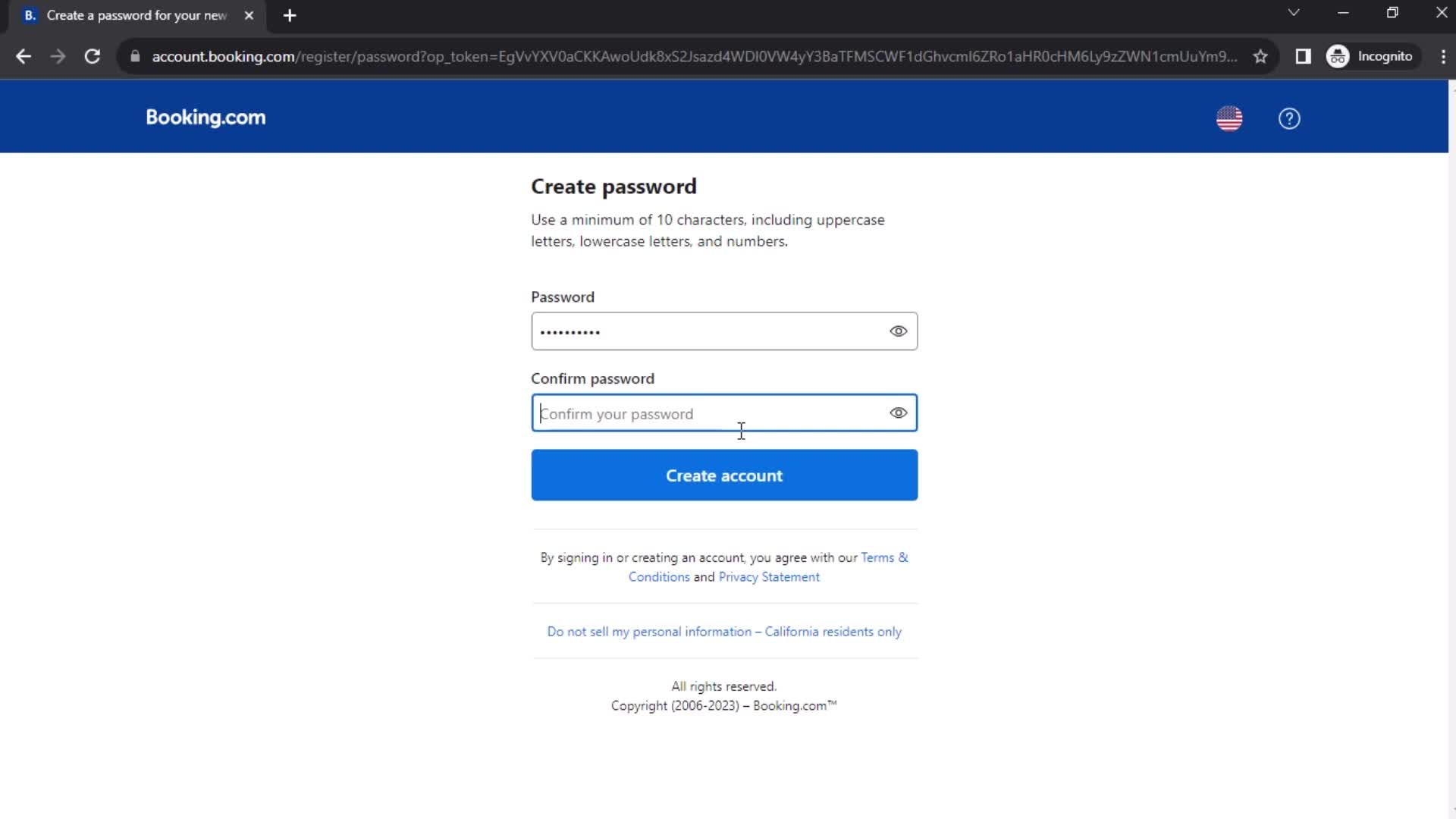 Booking.com confirm password screenshot