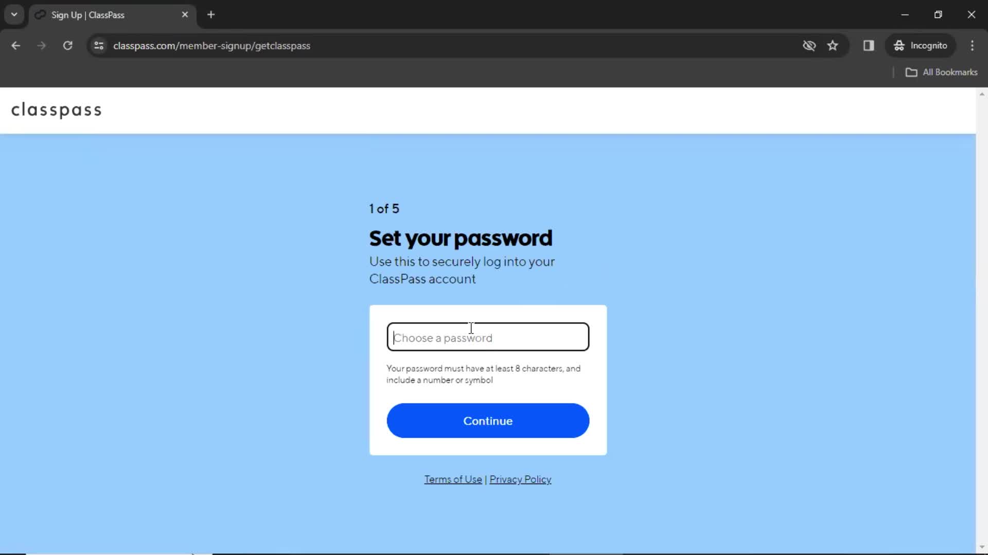 ClassPass set password screenshot