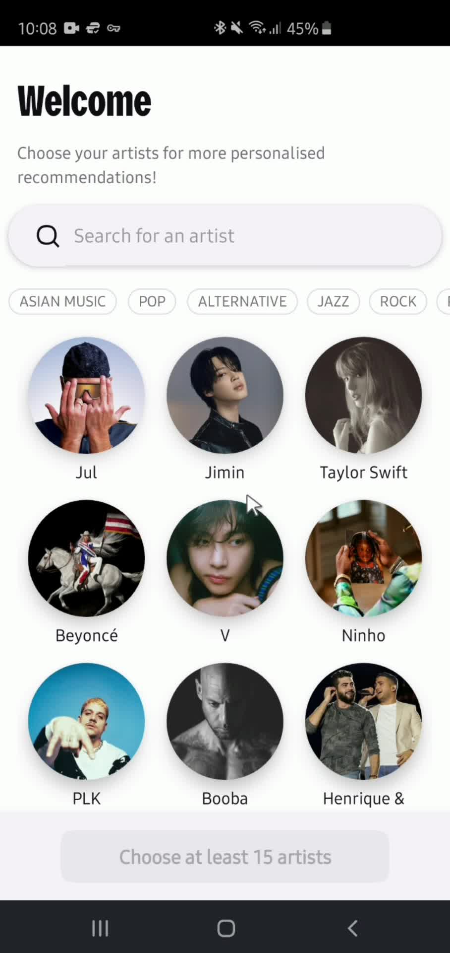 Deezer select artists screenshot