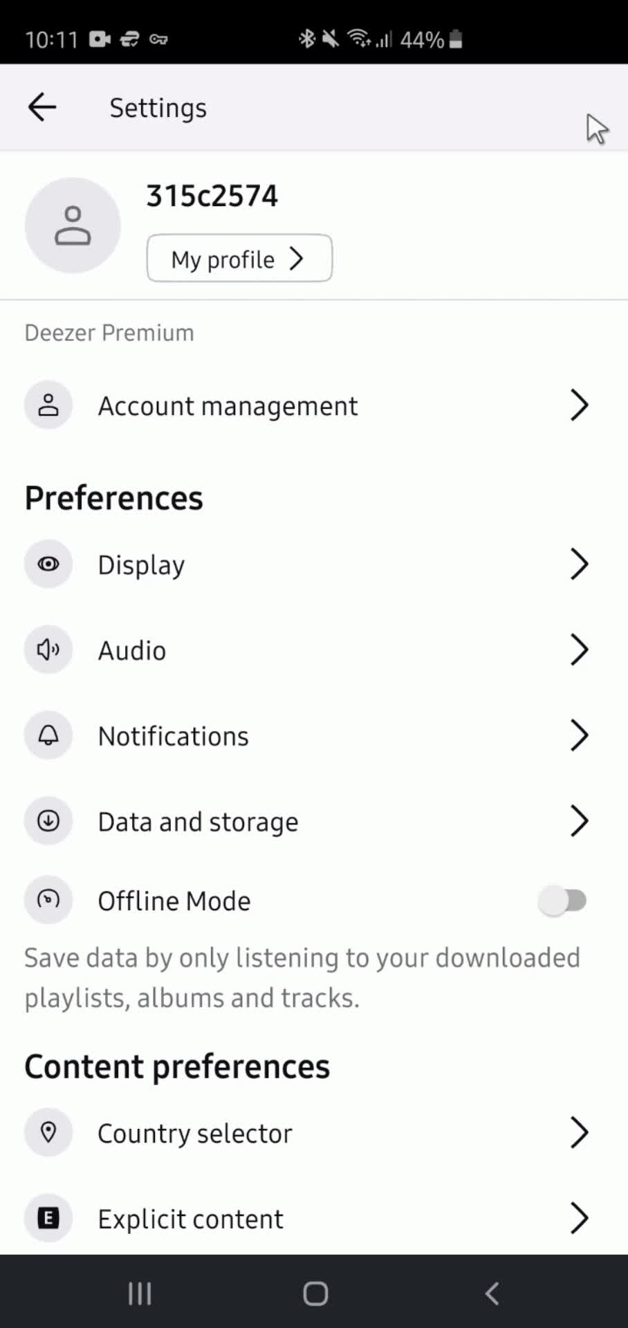 Deezer settings menu screenshot