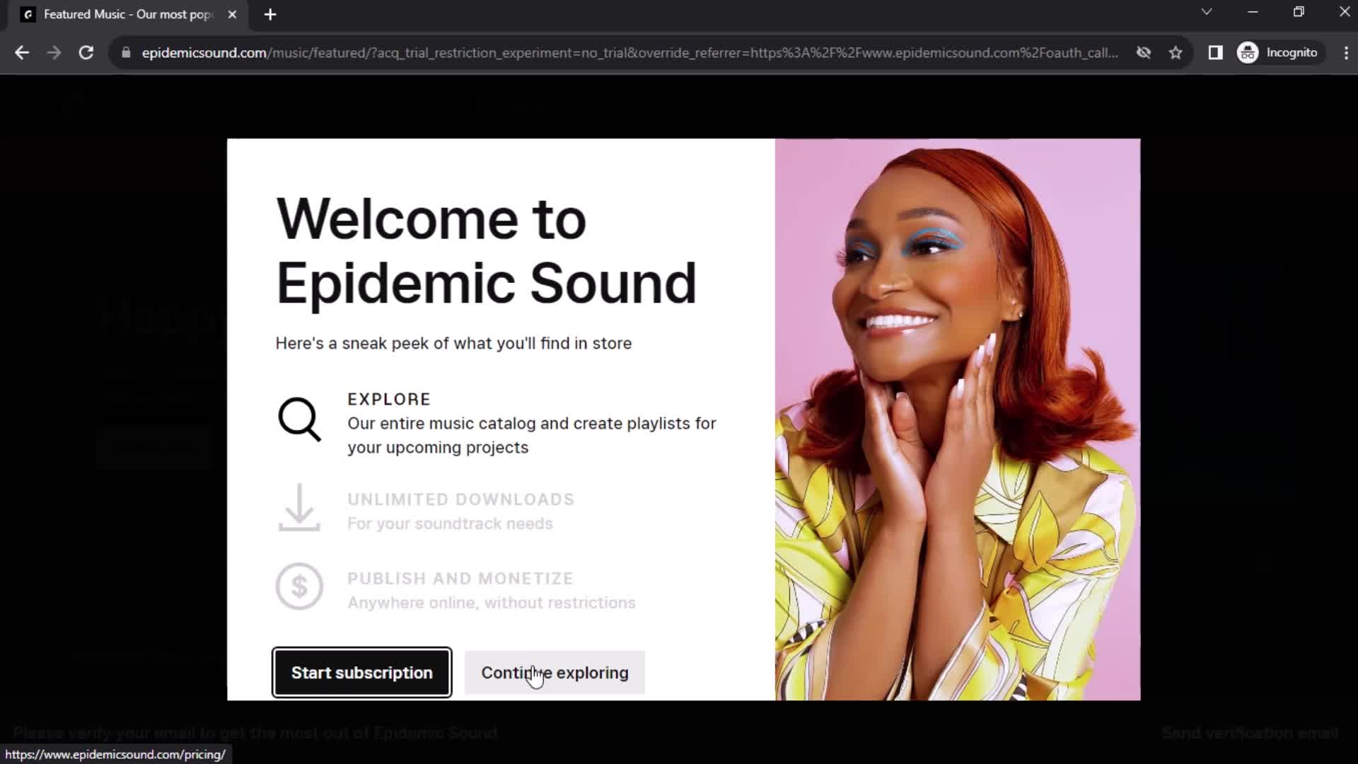 Epidemic Sound welcome screenshot