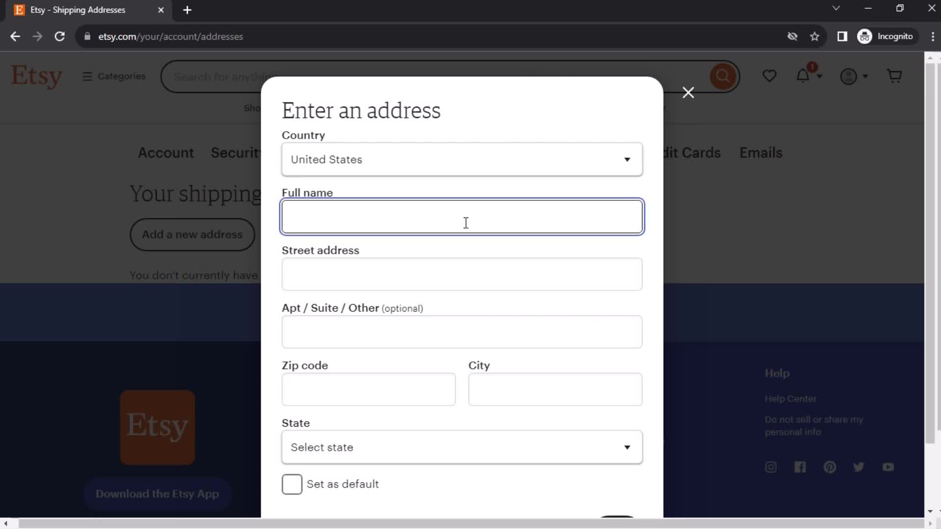 Etsy enter address screenshot