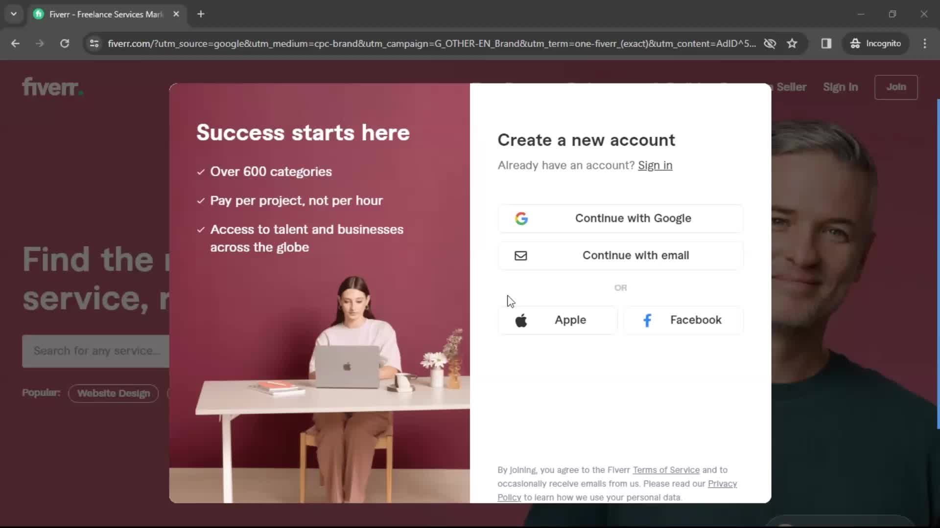 Fiverr create new account screenshot