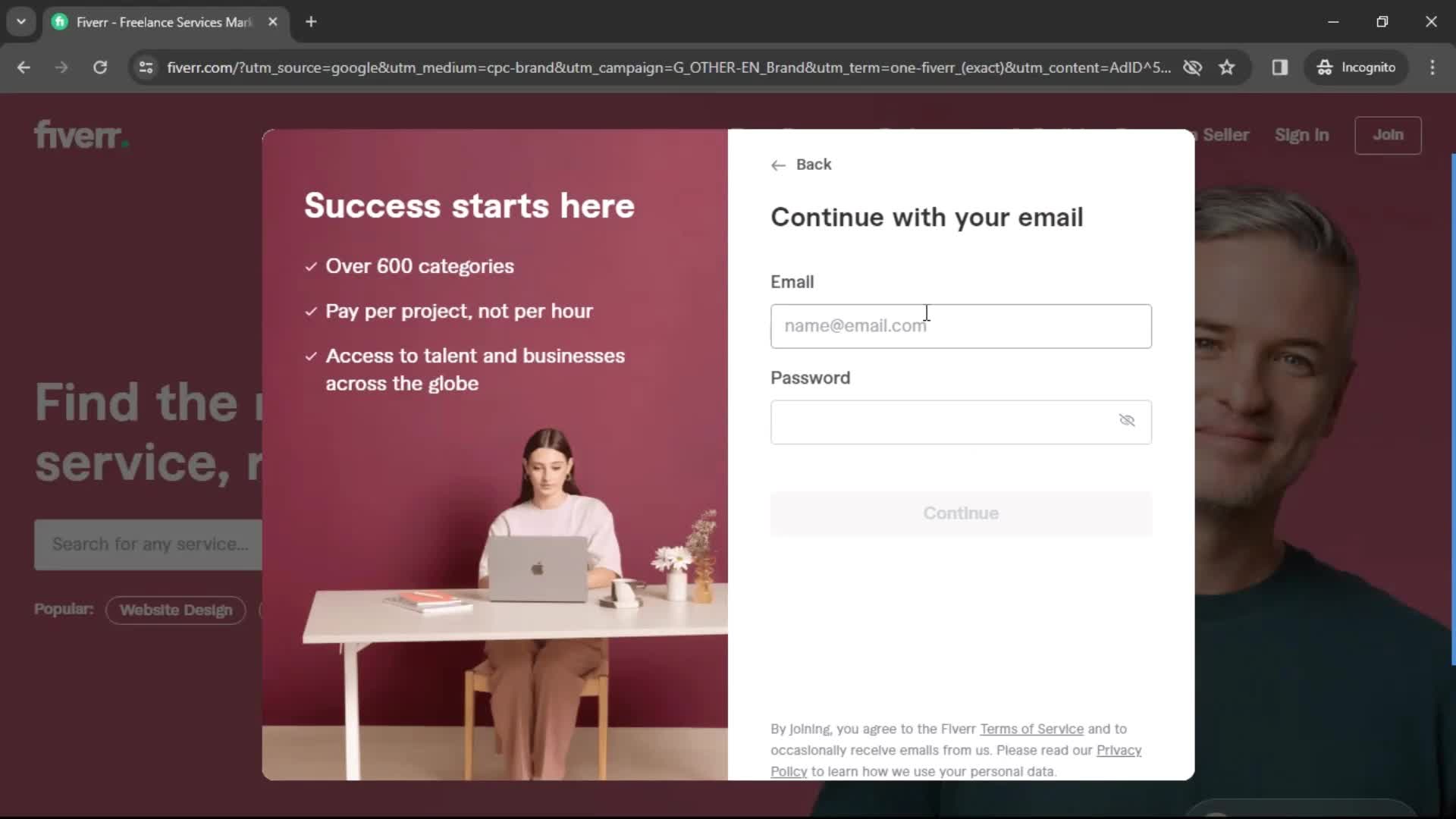 Fiverr enter email screenshot