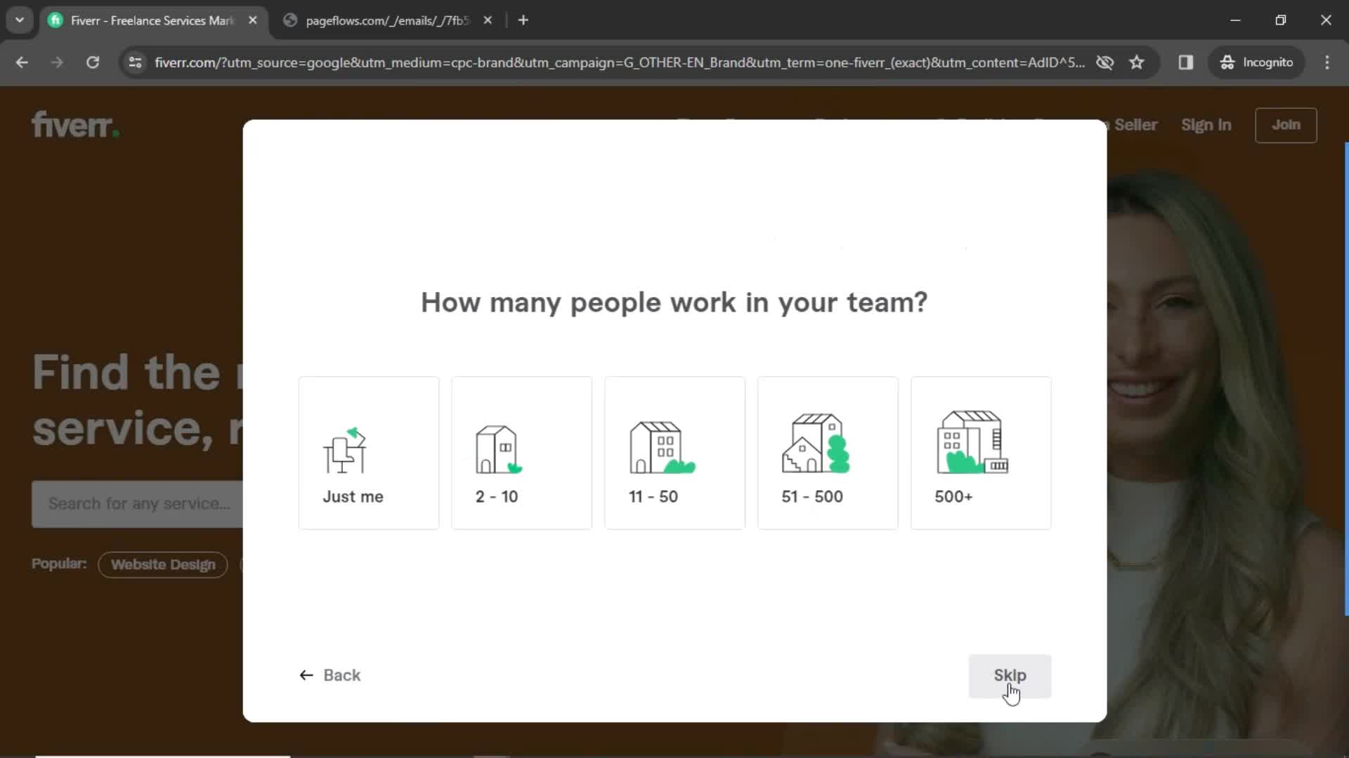 Fiverr select team size screenshot