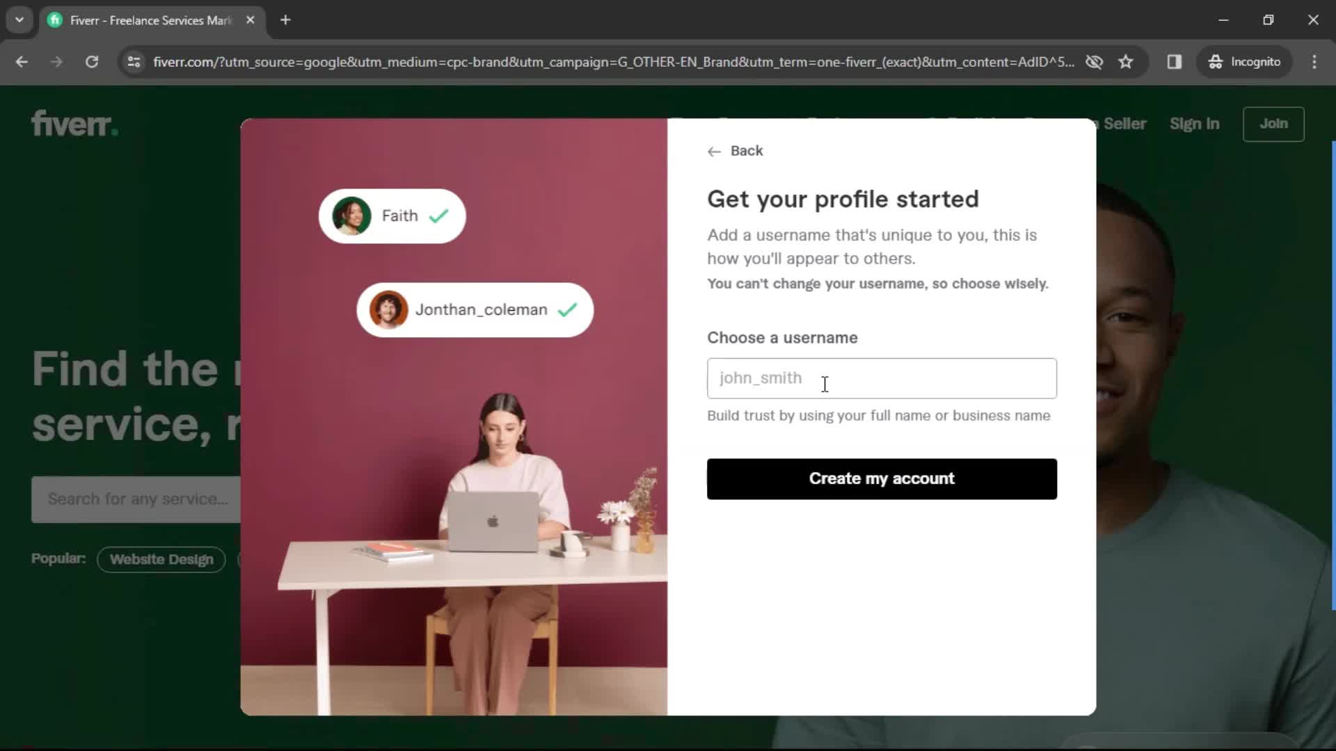 Fiverr create username screenshot