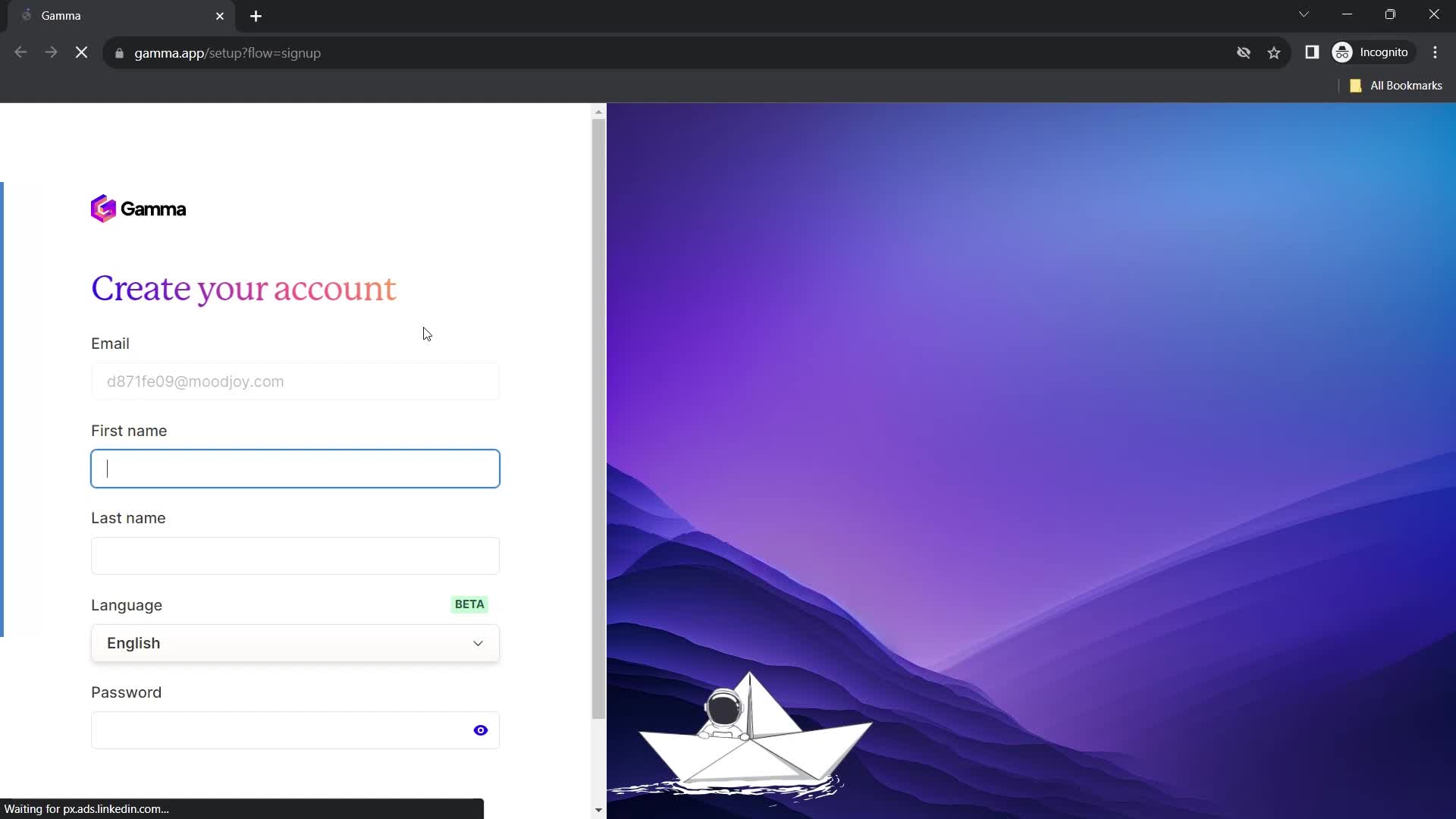 Gamma create account screenshot