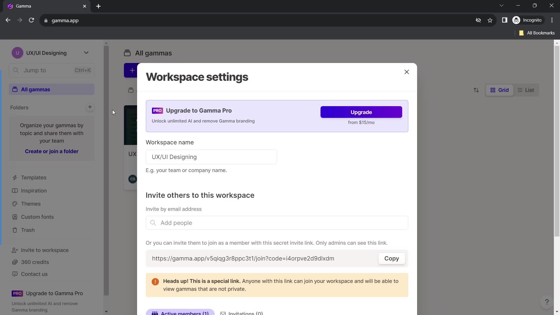 Gamma workspace settings screenshot