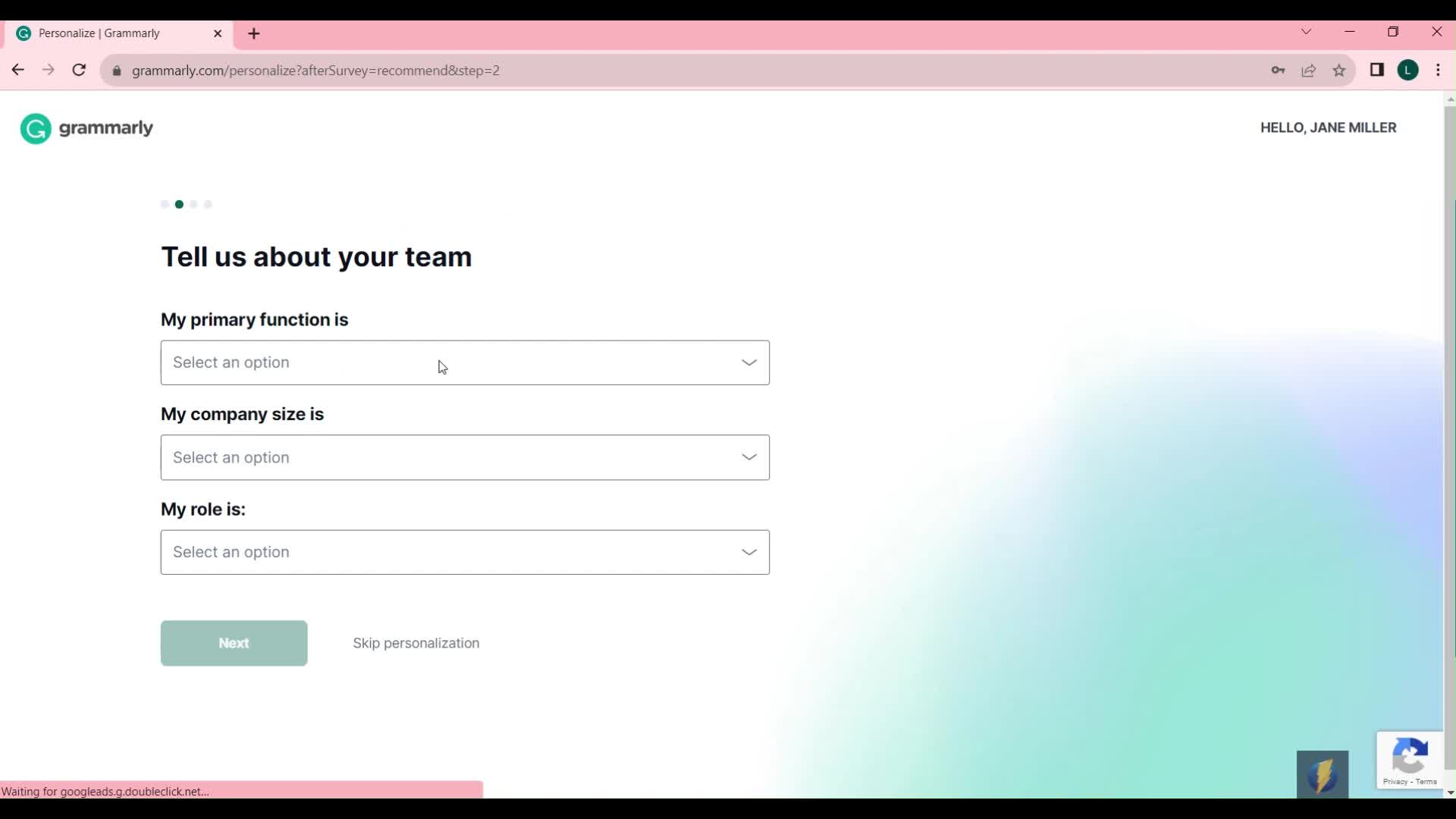 Grammarly add team details screenshot