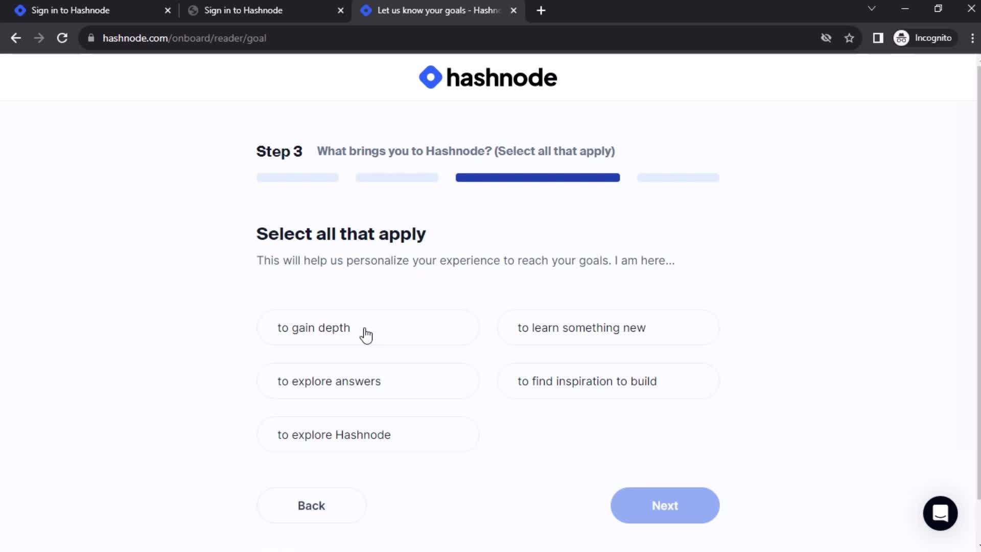 Hashnode select options screenshot