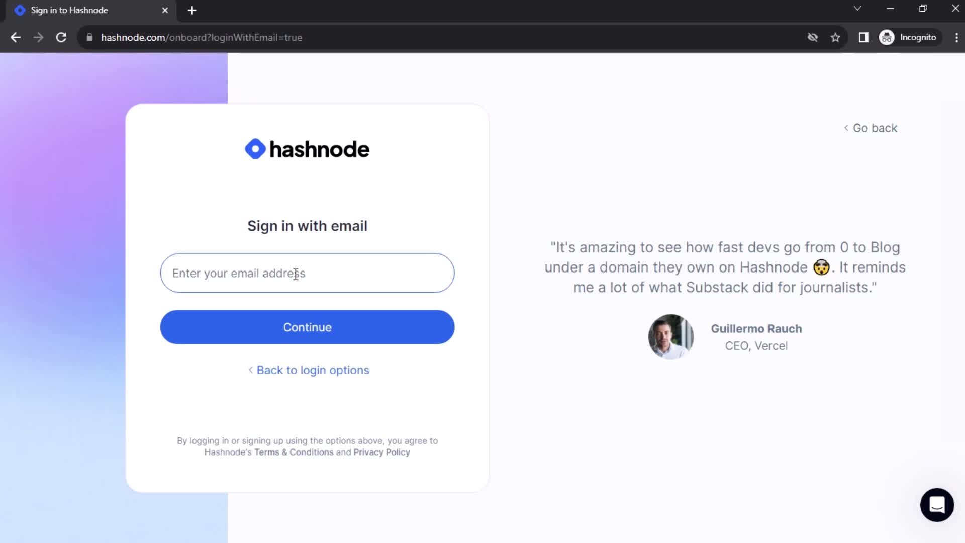 Hashnode enter email screenshot