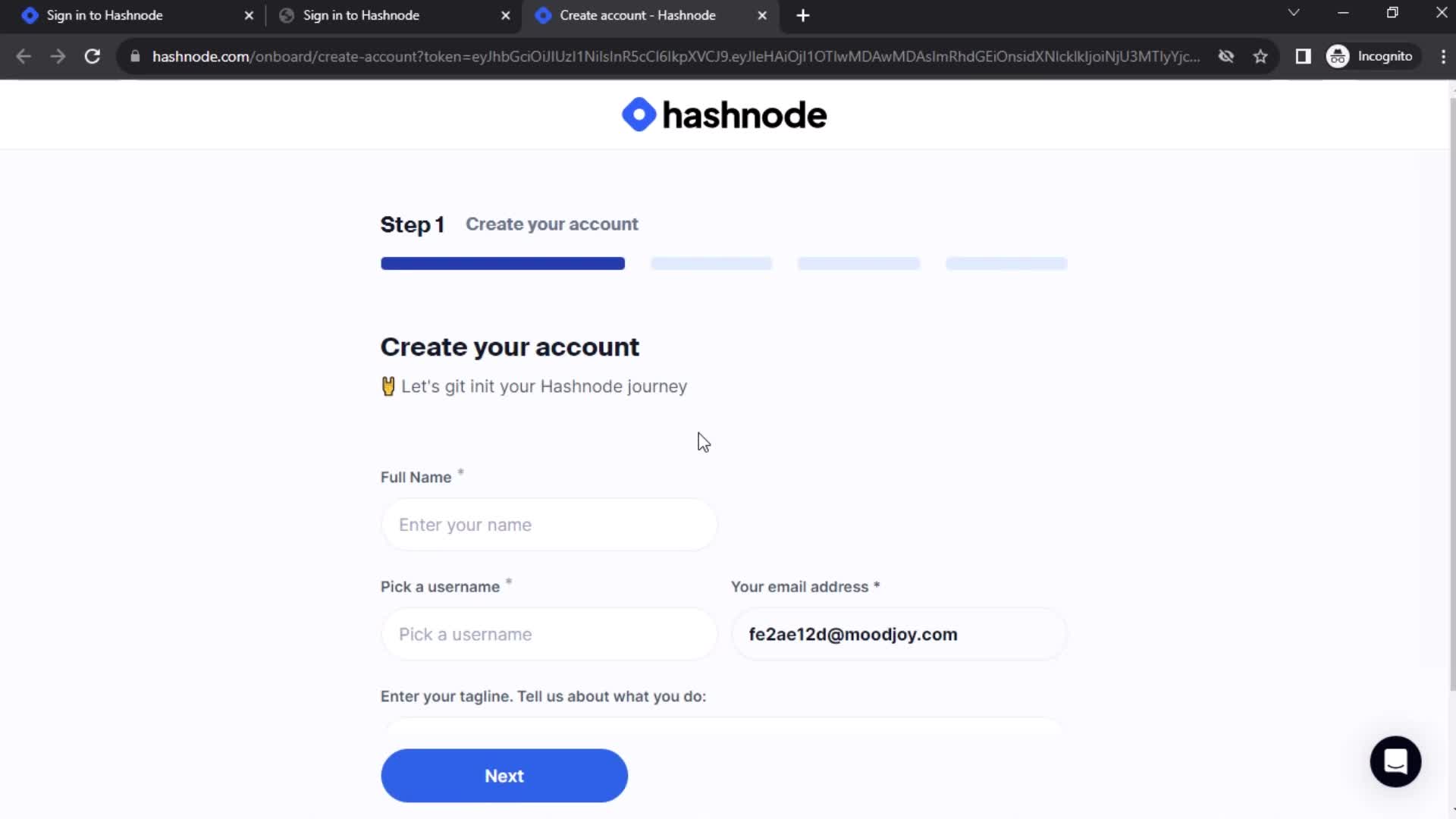Hashnode create account screenshot