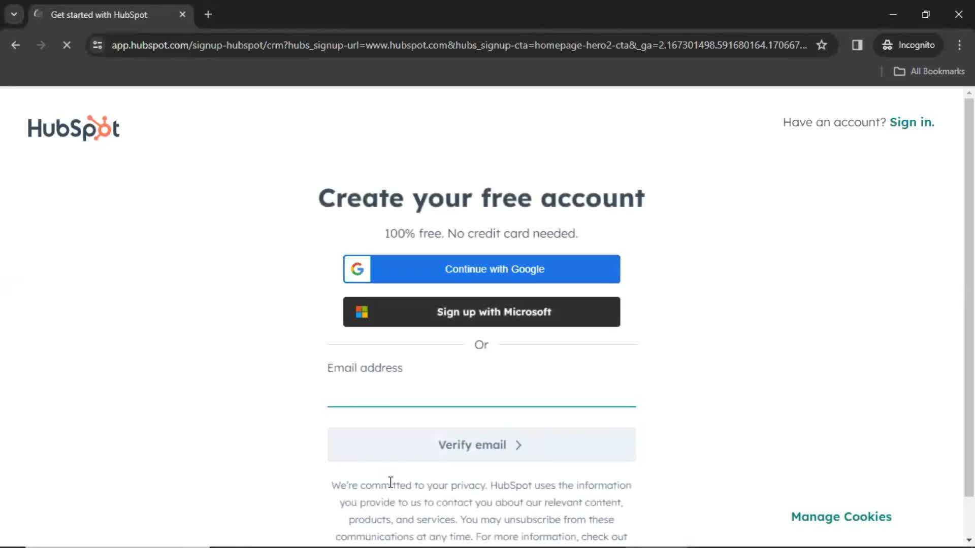 HubSpot CRM create account screenshot
