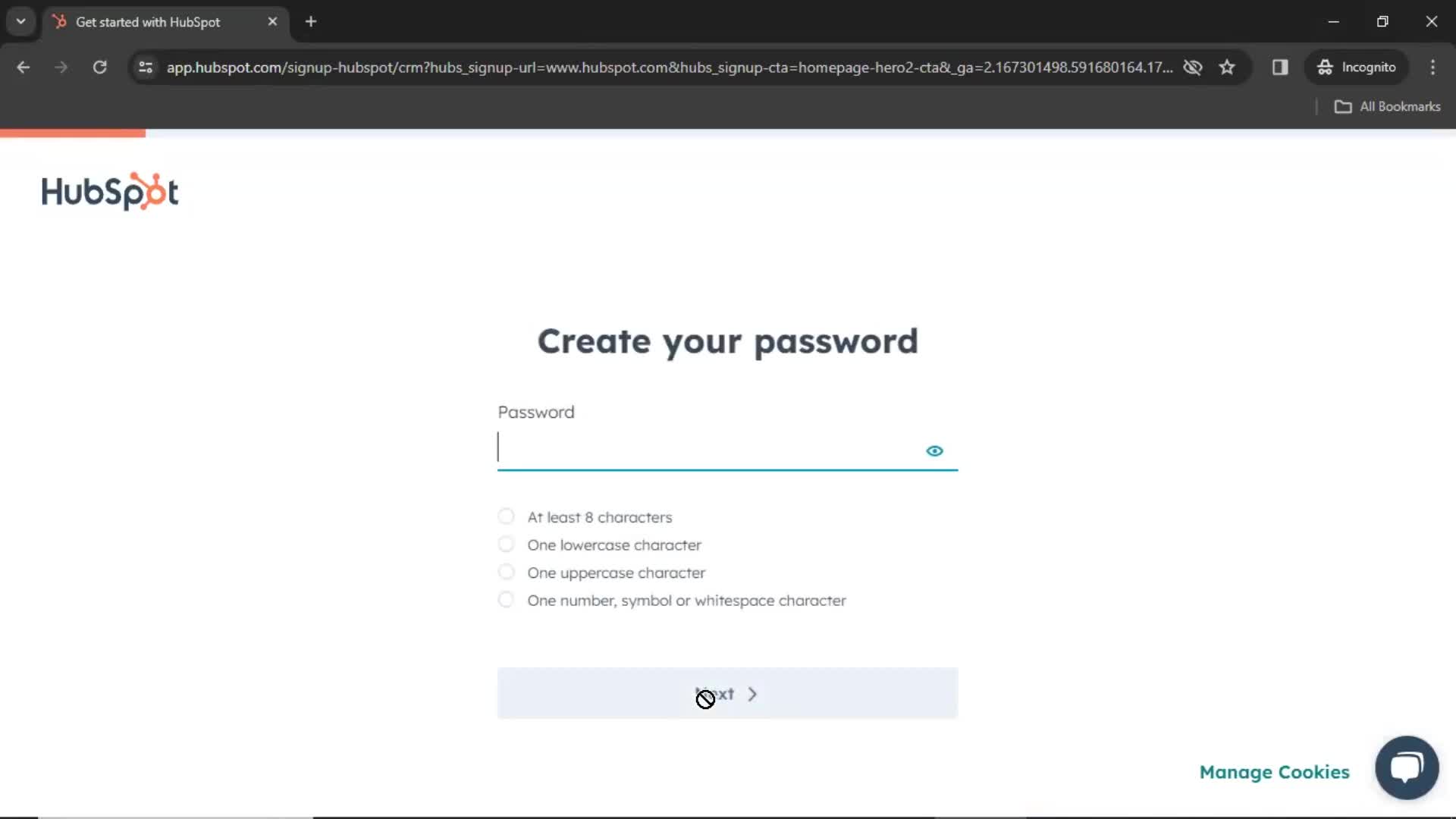 HubSpot CRM set password screenshot