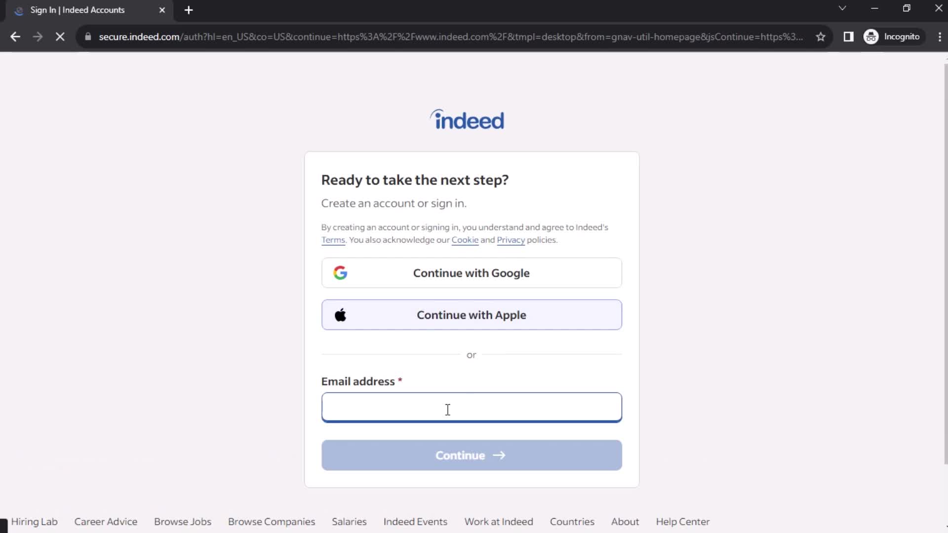 Screenshot of Sign in on Onboarding on Indeed user flow
