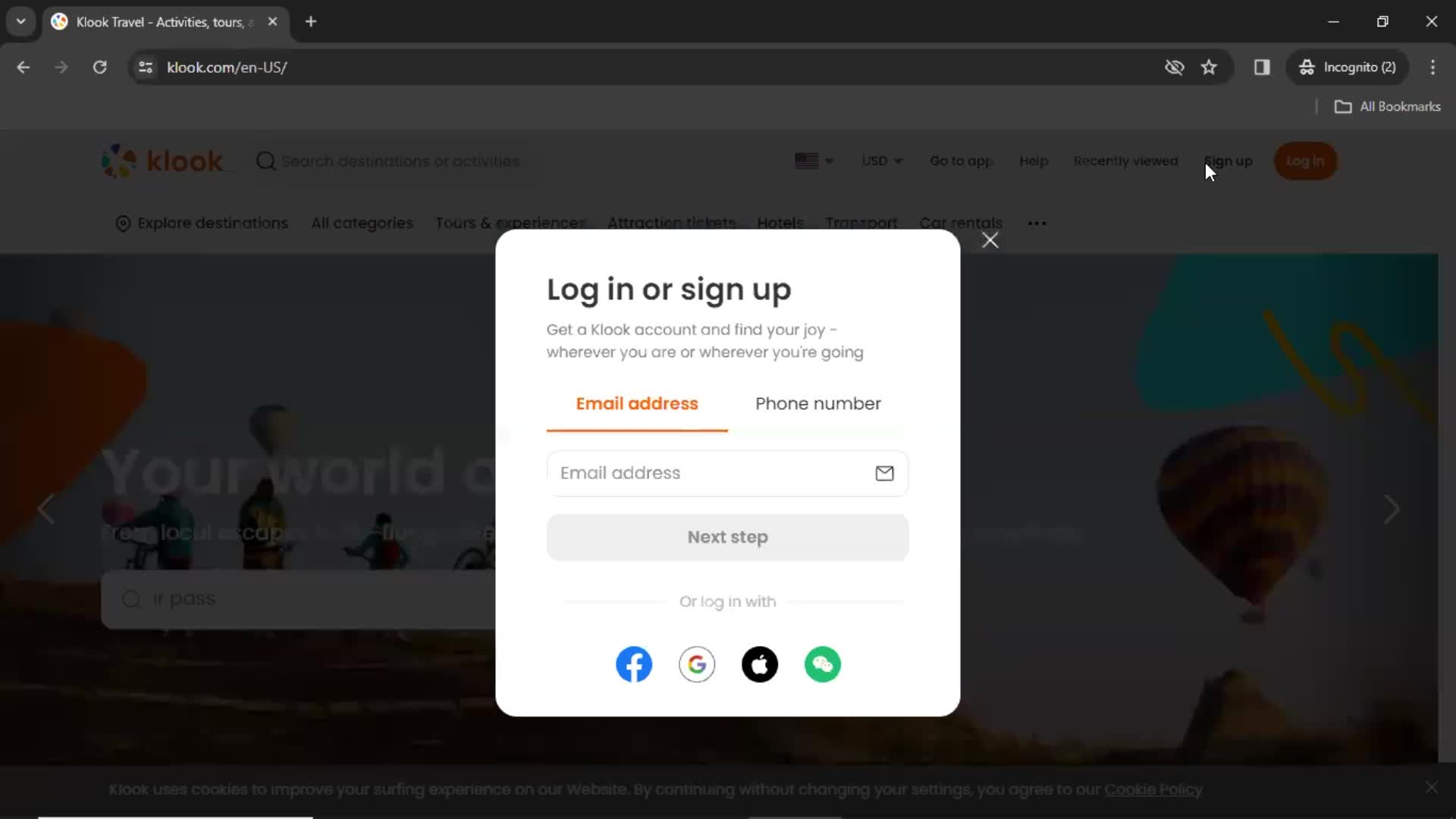 Screenshot of Sign up on Onboarding on Klook user flow