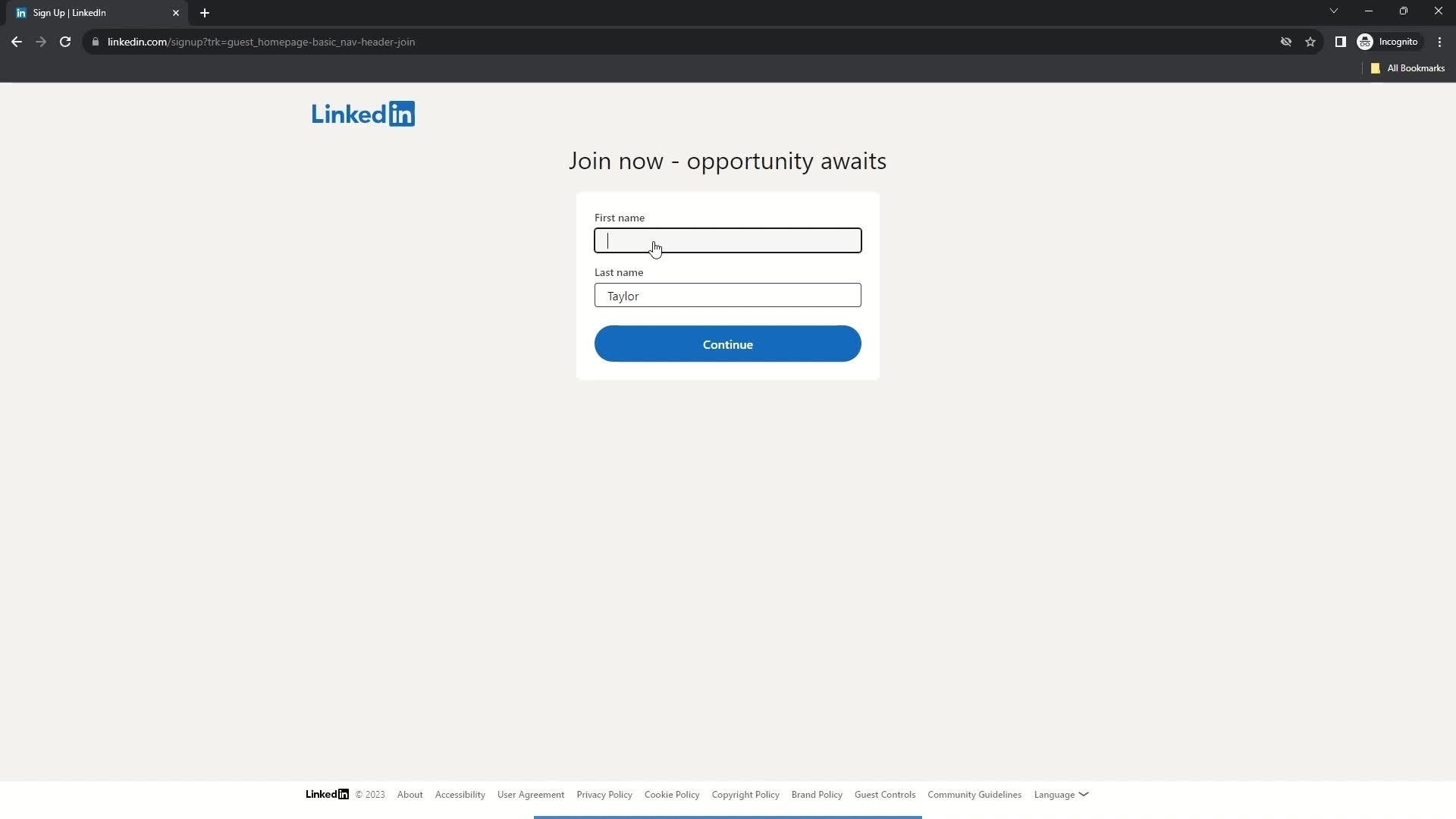 LinkedIn enter name screenshot