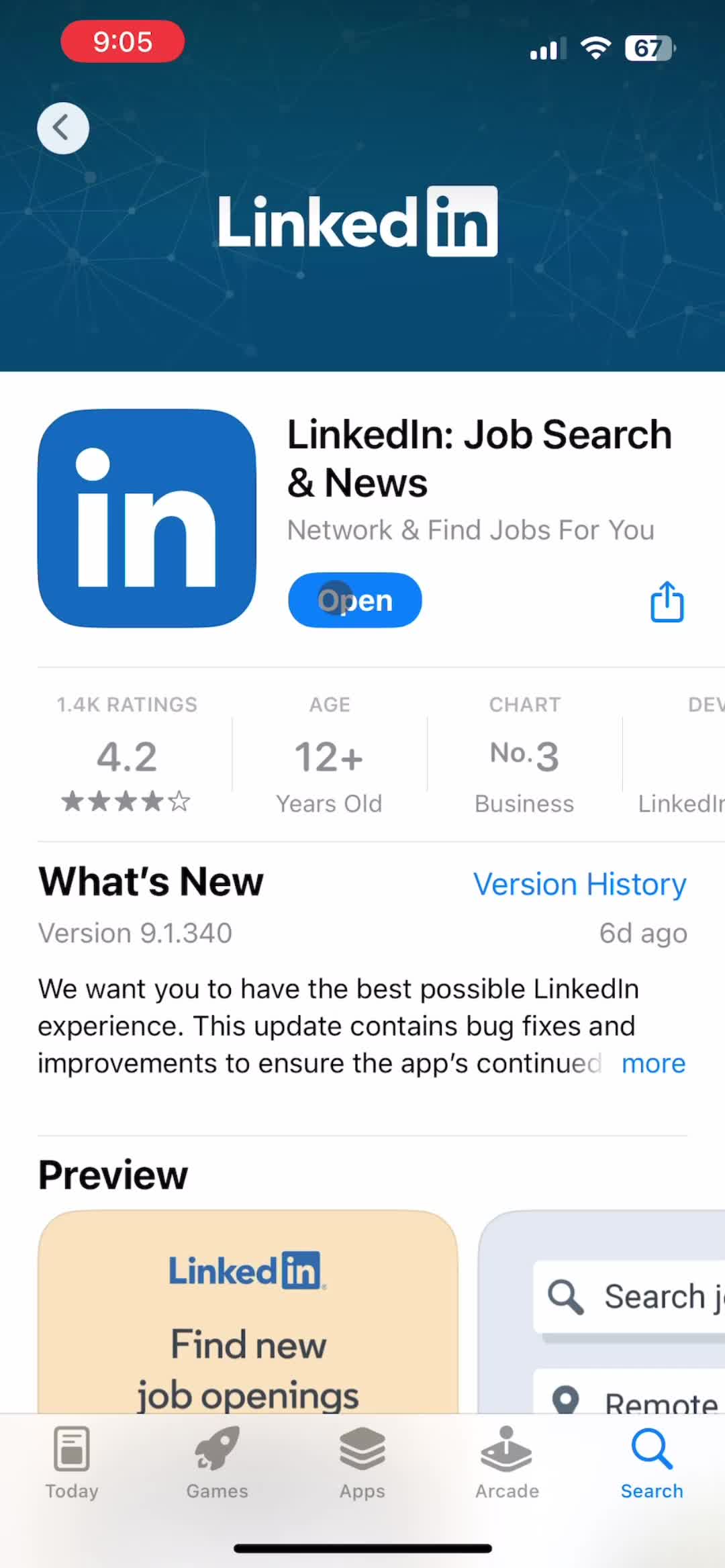 Screenshot of App store listing on Onboarding on LinkedIn user flow
