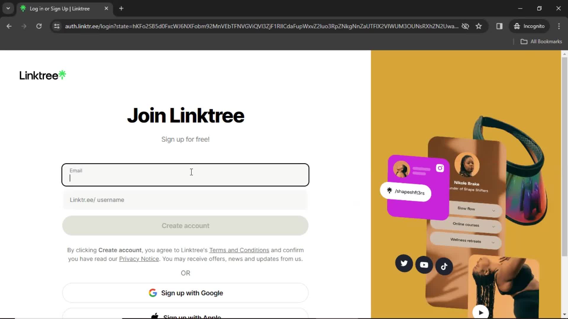 Linktree enter email screenshot
