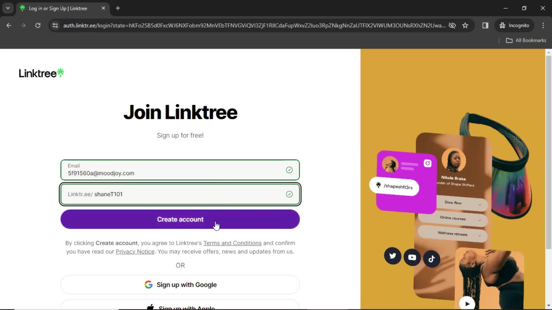 Linktree create account screenshot