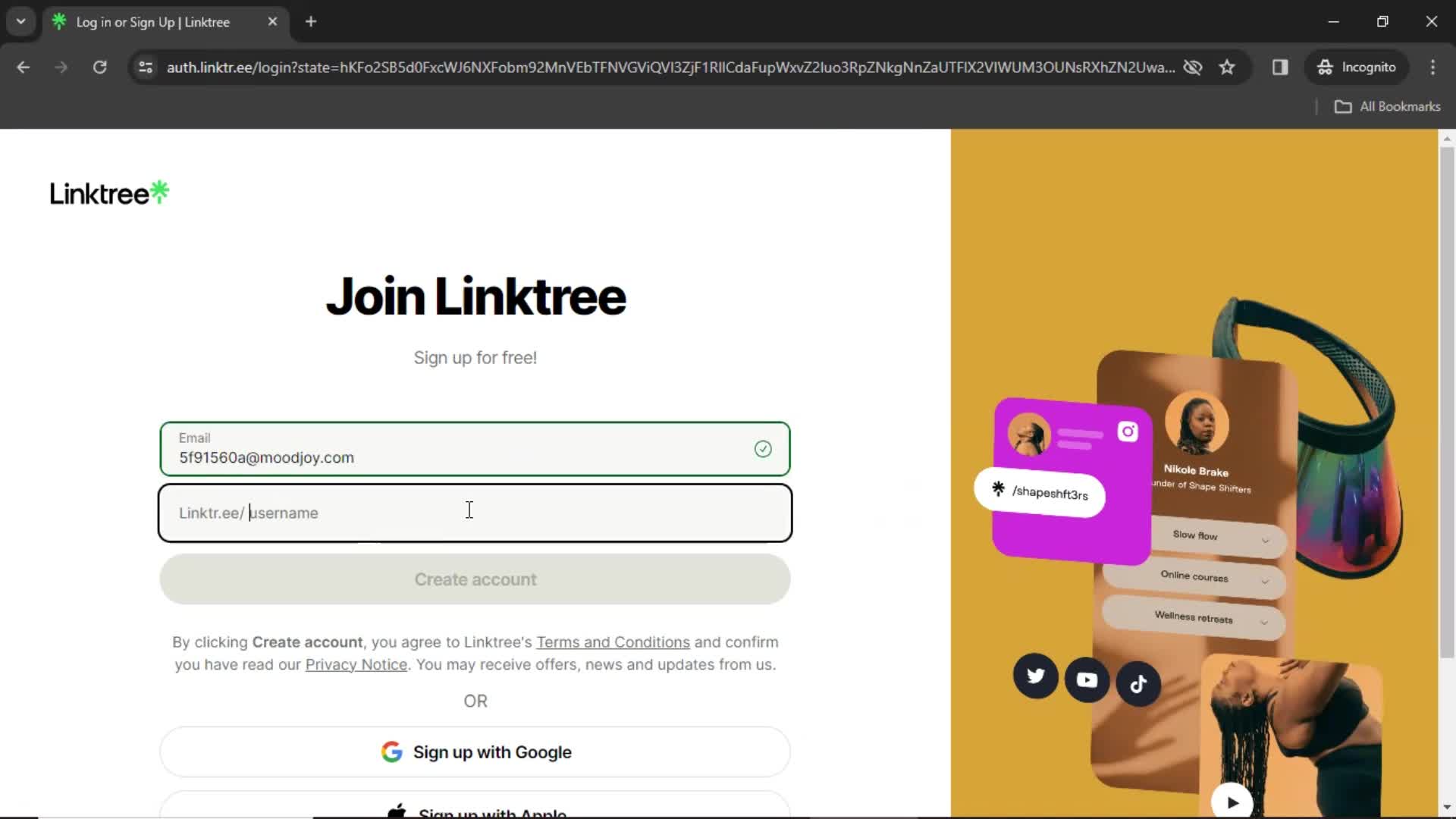 Linktree set username screenshot